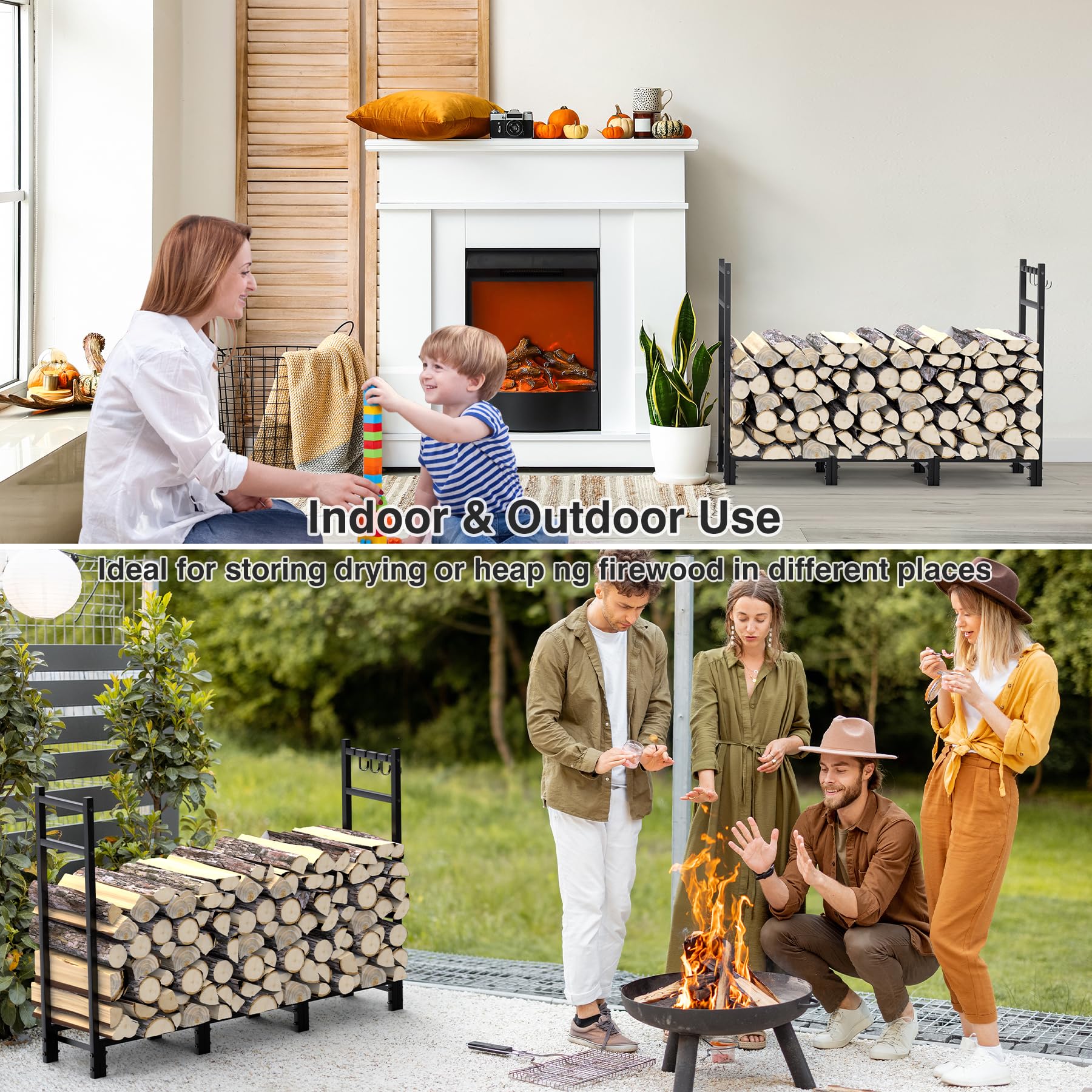 Estante De Leña De Metal,Estante De Registro De Chimenea,114x25x80cm,Leñero Exterior e Interior Con 4 Ganchos,Soporte Para Leña,Ayudas De Apilamiento Para Jardín,Trasteros,Porches,Chimeneas