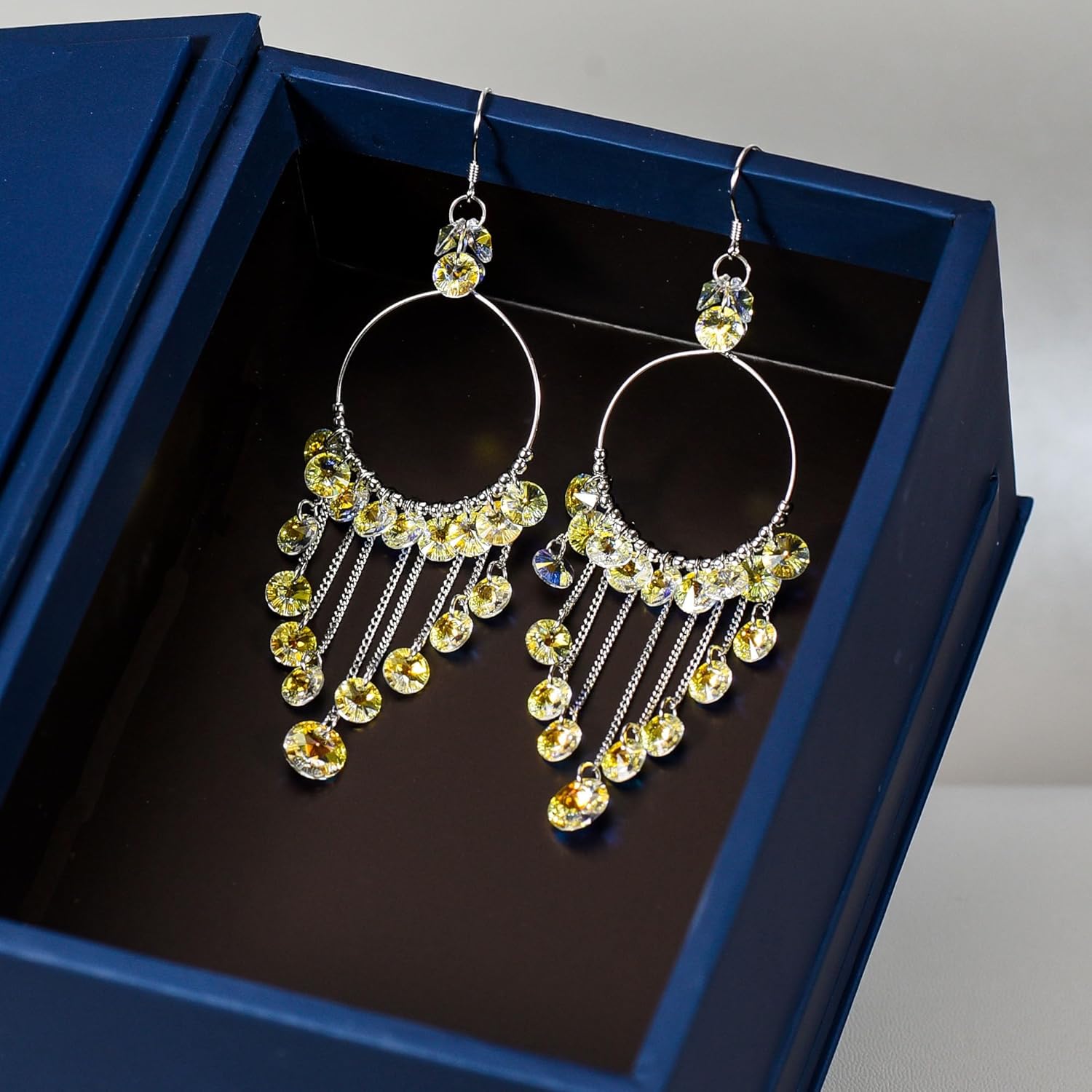 925 Sterling Silver Boho Crystal Chandelier Hoop Earrings, Austrian Crystal Tassel Dangle Earrings, Handmade Sparkly Statement Design, 1.17" Hoop