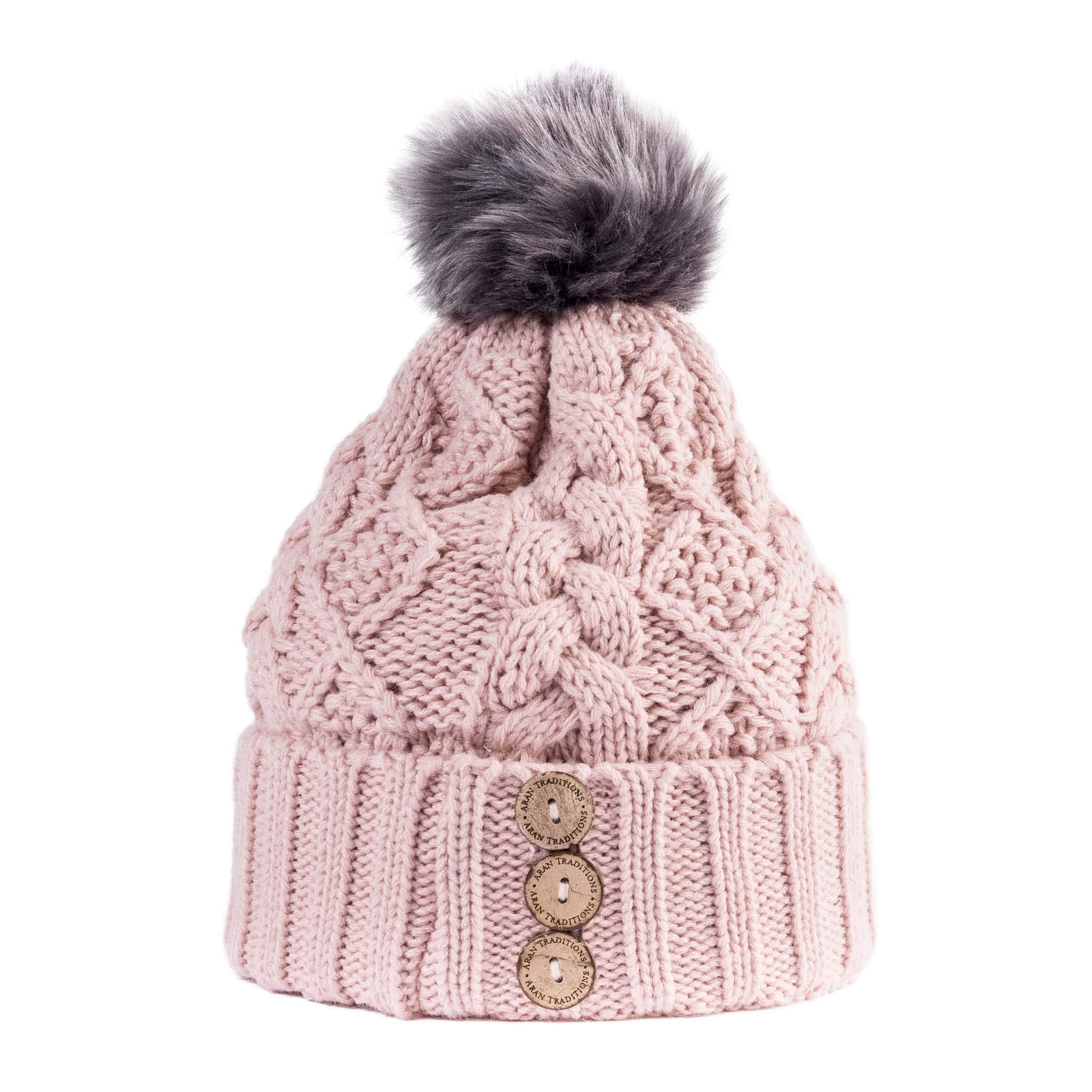 Aran Traditions Diamond Cable Button Hat (Blush/Grey) Pom Pom Beanie Hat, Aran Hat, Unisex Beanie Hat, Winter Hat, Blush Pink Beanie Hat, Grey Beanie Hat, Pom Pom Hat