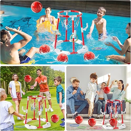 Miniatura 5 de Juguetes de aro de baloncesto para piscina para niños de 3, 4, 5, 6, 7 años, aro de baloncesto flotante con 4 bolas, bomba, lanzamiento de anillo,