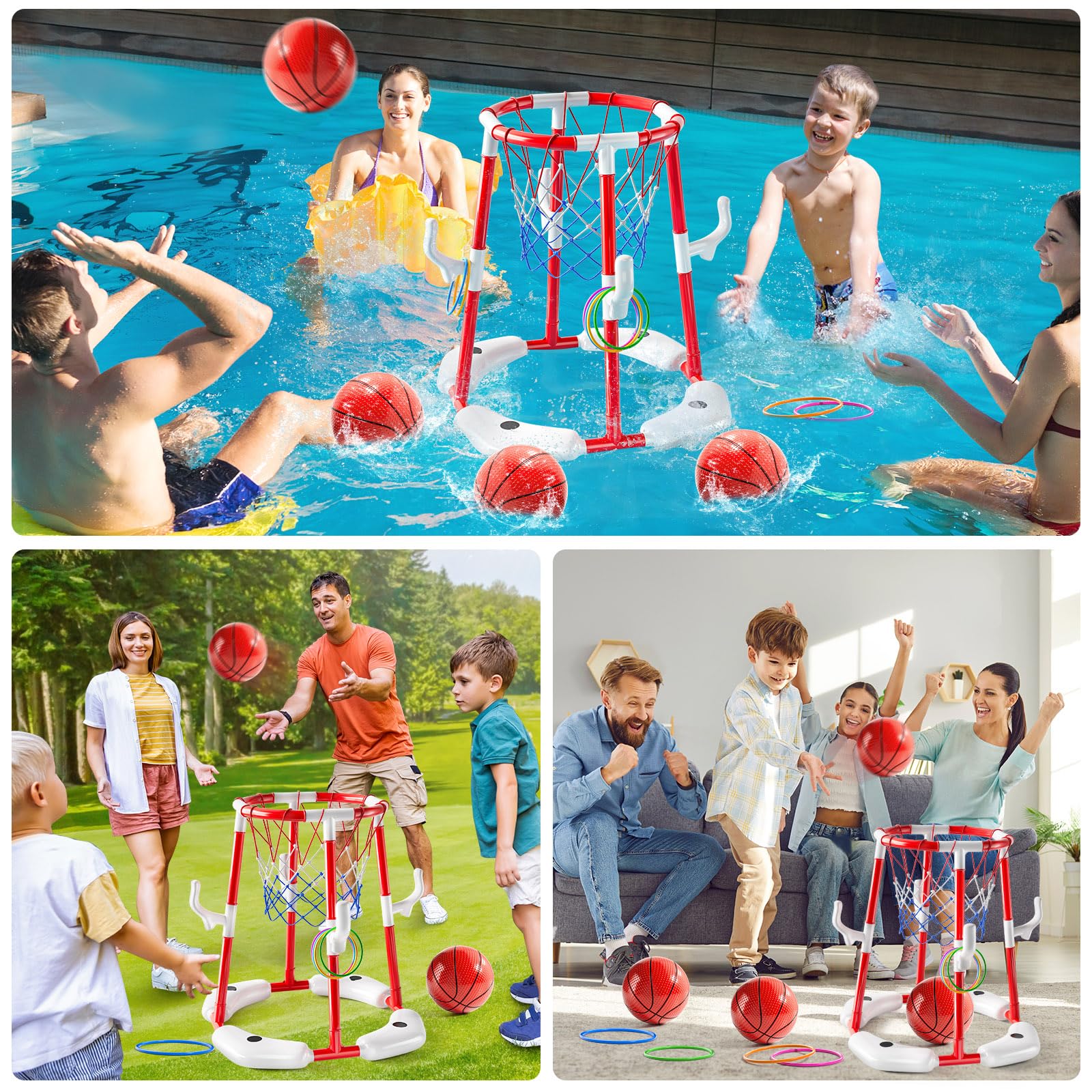JUKUDAHU Pool-Basketballkorb für Kinder 3-12 Jahren 2-in-1 schwimmendes Pool Spielzeug mit Ringwurfspiel 4 Bälle und Pumpe