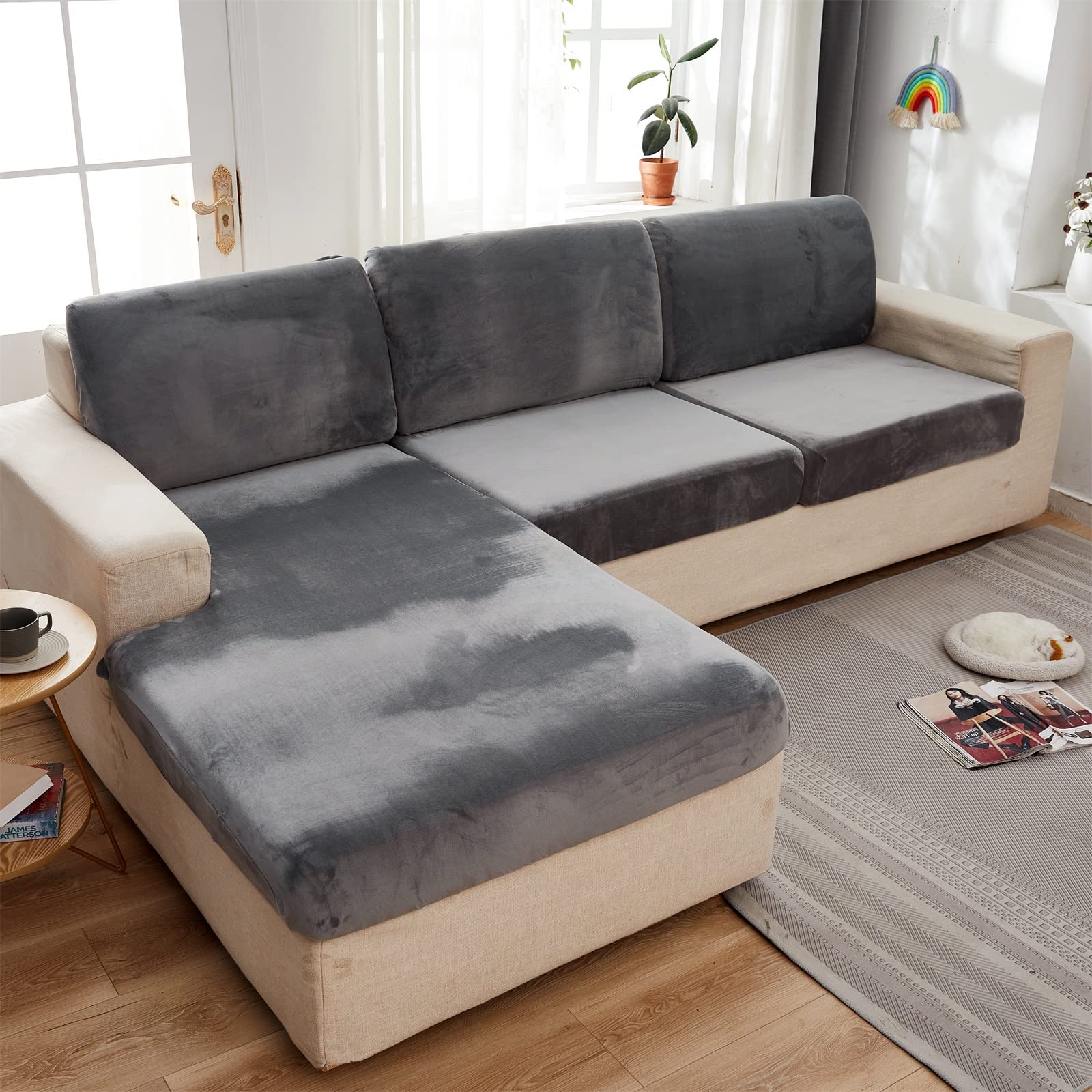 ele ELEOPTION Covers Slipcover Elastic Couch Covers Sofa L Shape Sectional Furniture Protector (Length 39-53inch, Width 25-37inch, Large Double Seat Cover) Velvet Light Grey