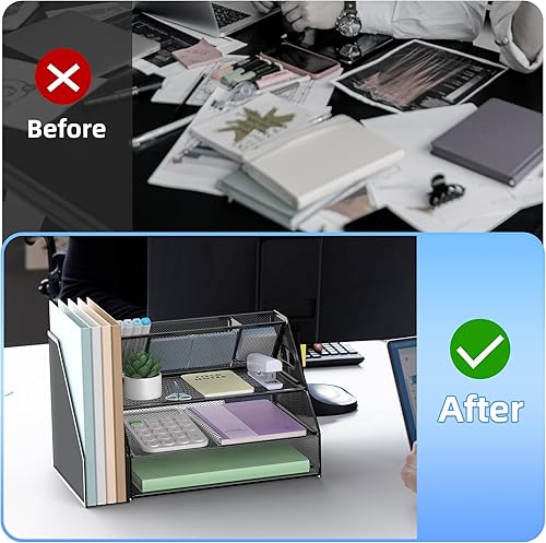 Miniatura 3 de Docnest Bandeja de papel de 3 niveles, organizador de escritorio de malla metálica con asa, soporte para bolígrafo integrado, almacenamiento de