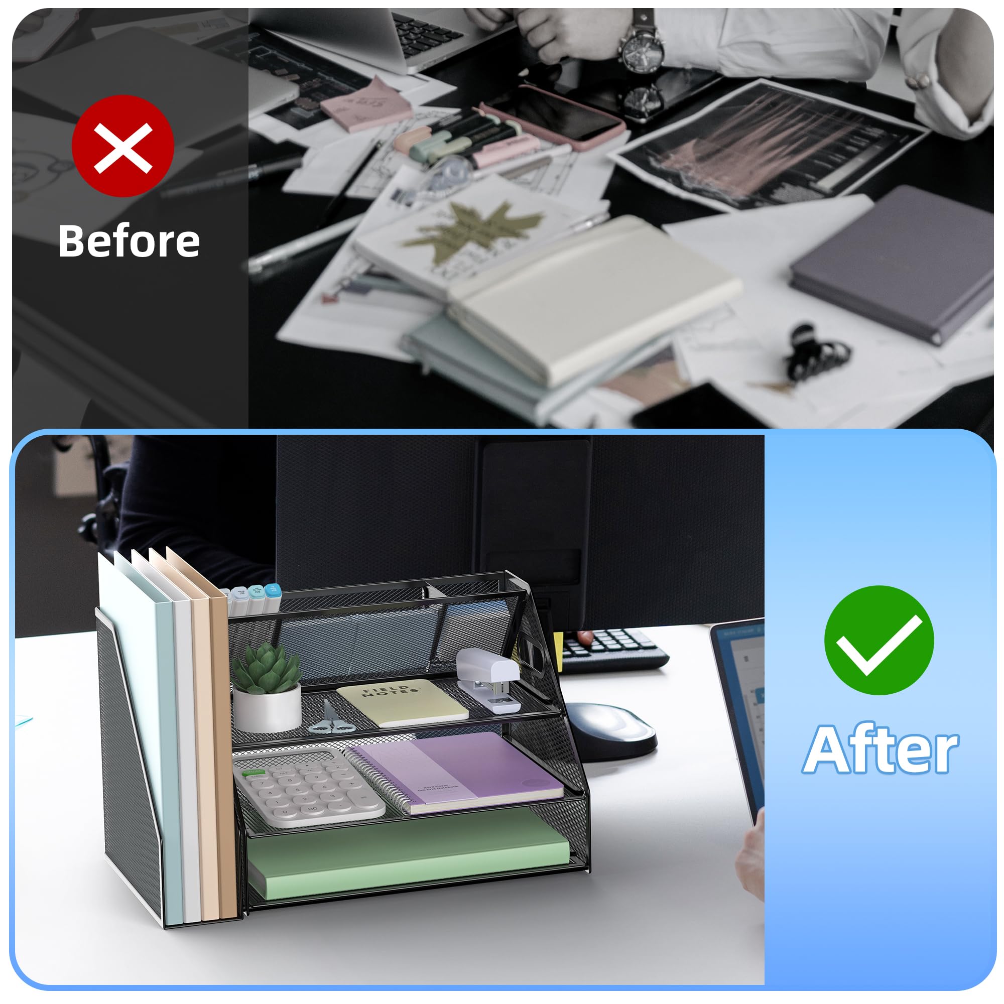 DocNest Vassoio per lettere a 3 livelli, organizer da scrivania in rete con manico, organizer da scrivania con portapenne, accessori da scrivania per ufficio, organizer da scrivania per forniture per