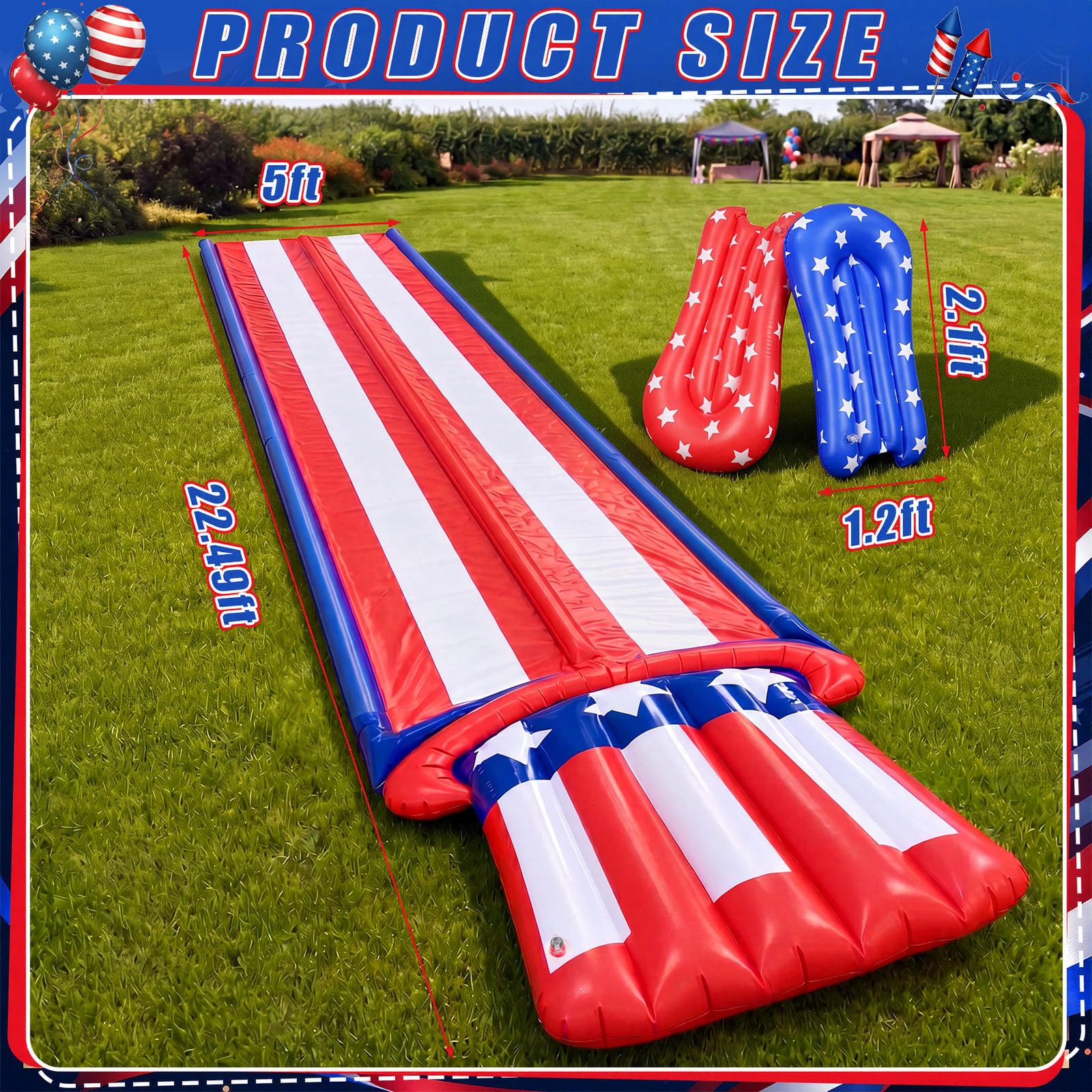 Scivolo acquatico patriottico del cortile del 4 luglio da 6,7 m con irrigatore e 2 bodyboard 2 corsie slip rosso bianco e blu bandiera americana scivolo per il Memorial Day 250th Outdoor