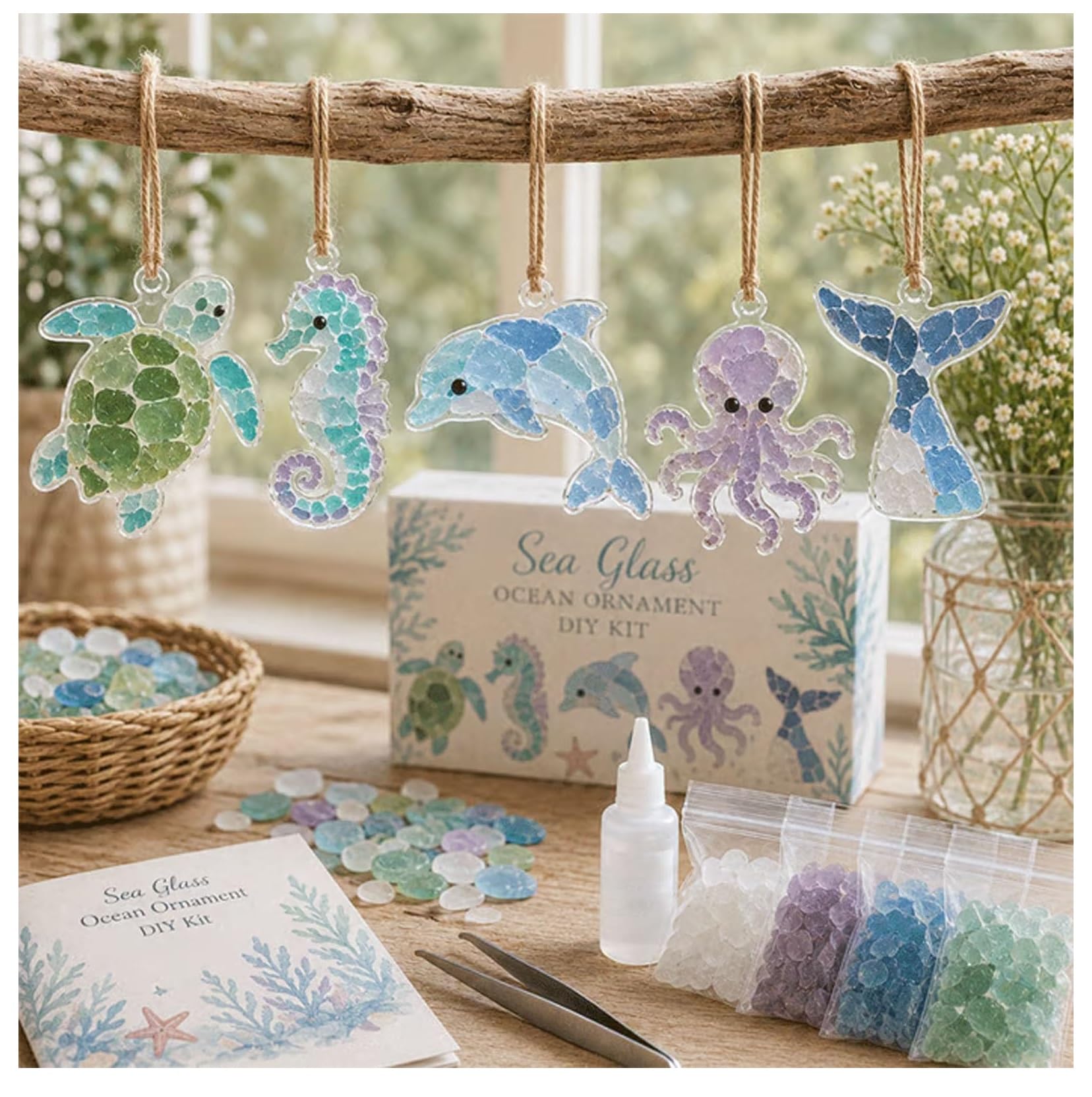 DIY Sea Glass Collage Kit, DIY Sea Glasses Hanging Ornament Art Kit, DIYs Seas Glass Animal DIYs Set, Bird Themed Ornaments, Handmade Window Hanging Decor Craft Set for Crafting Enthusiast (A03)