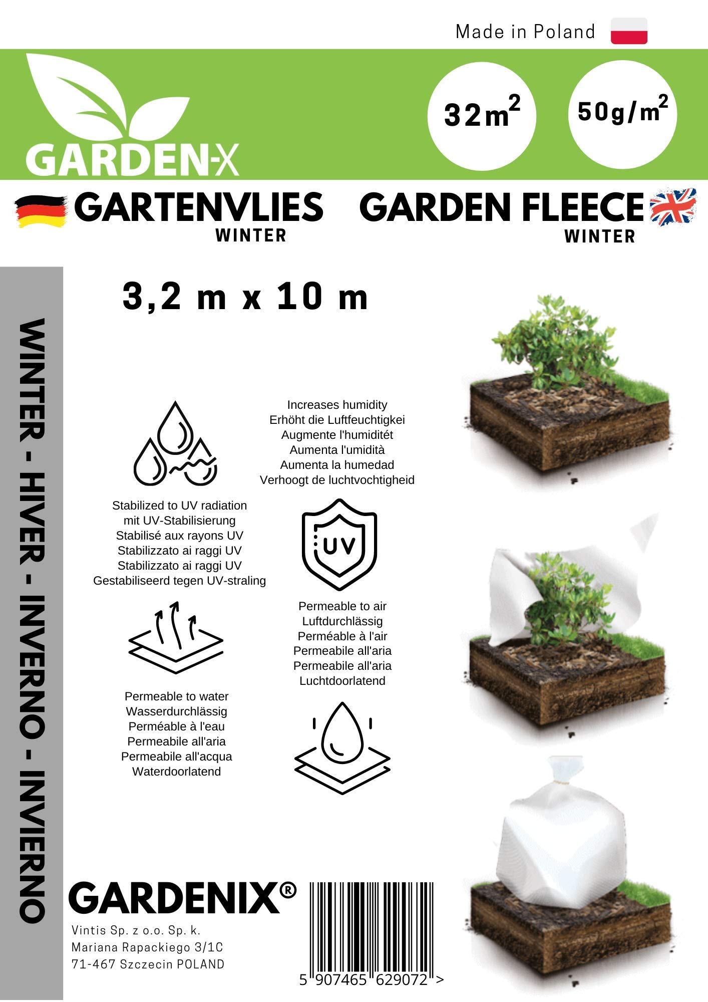 GARDENIX® 32 m² Polaire de Protection Contre Le Froid en Non-tissé résistant aux déchirures, épaisseur : 50 g/m² (3,2m x 10m)