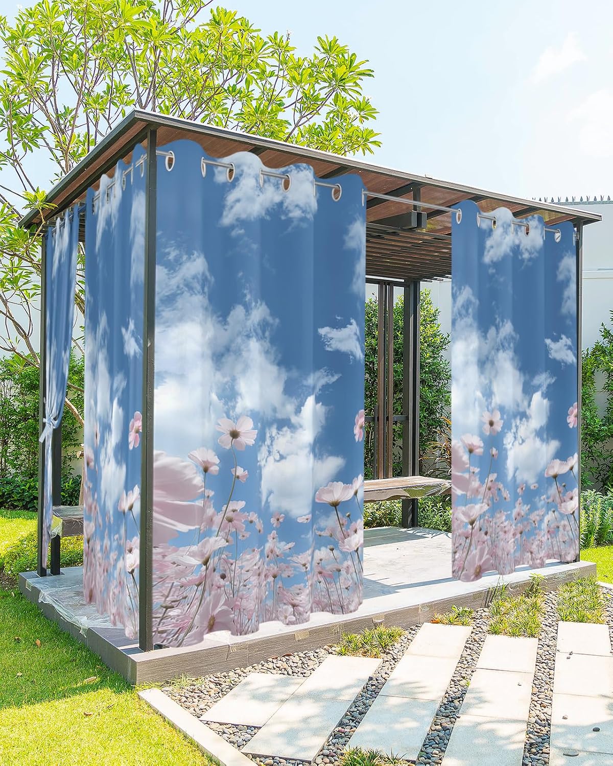 Indoor Outdoor Curtains for Patio Pink Flowers with Blue Sky and White Clouds Outside Curtains Waterproof Grommet Privacy Drapes Light Filter Curtain for Porch Pergola Gazebo 52"Wx84"L 1 Panel