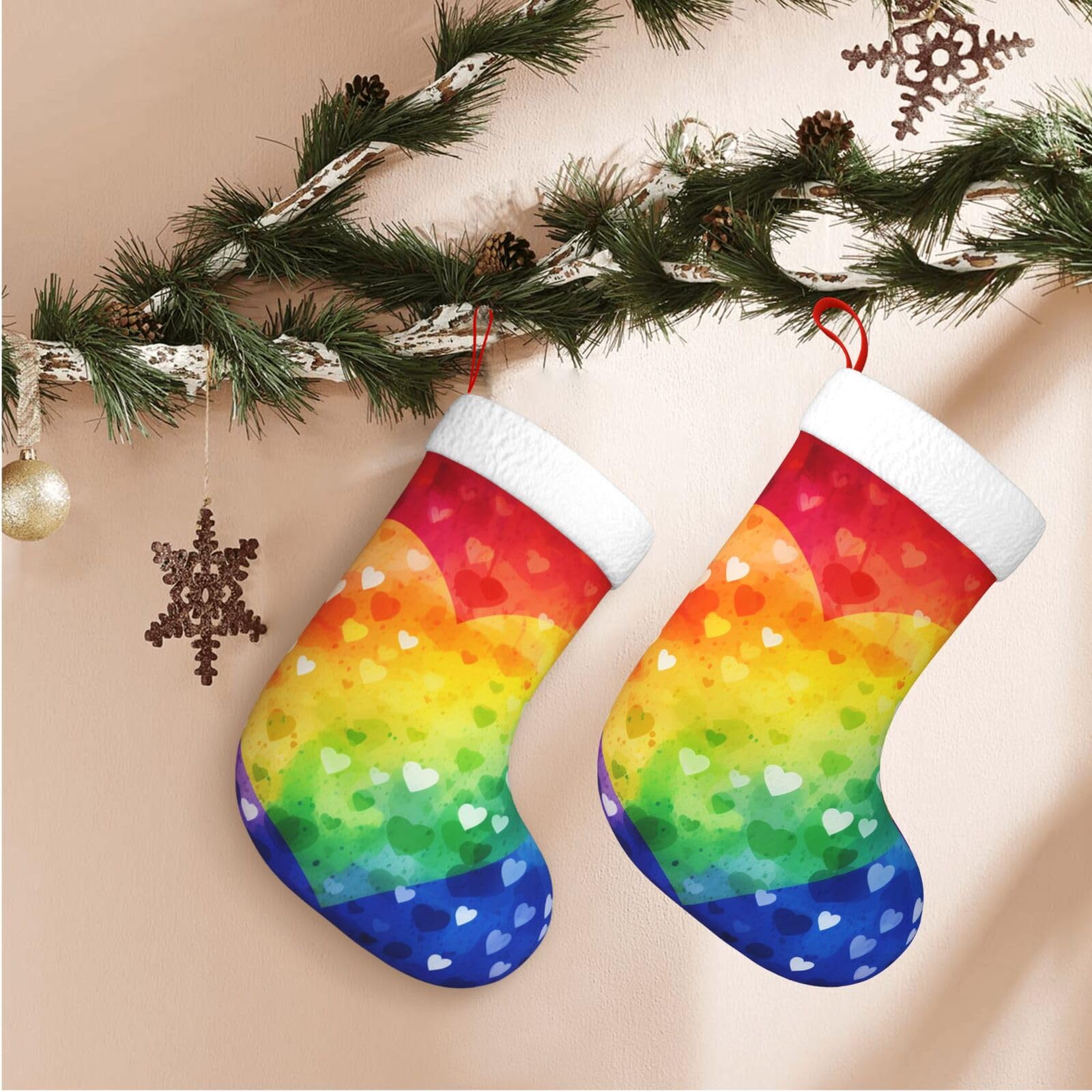 Colorful Rainbow Love Heart Christmas Stockings Velvet Xmas Fireplace Hanging Stocking with Plush Cuff Rustic Christmas Santa Stockings for Home Christmas Decorations Party Favor Supplies