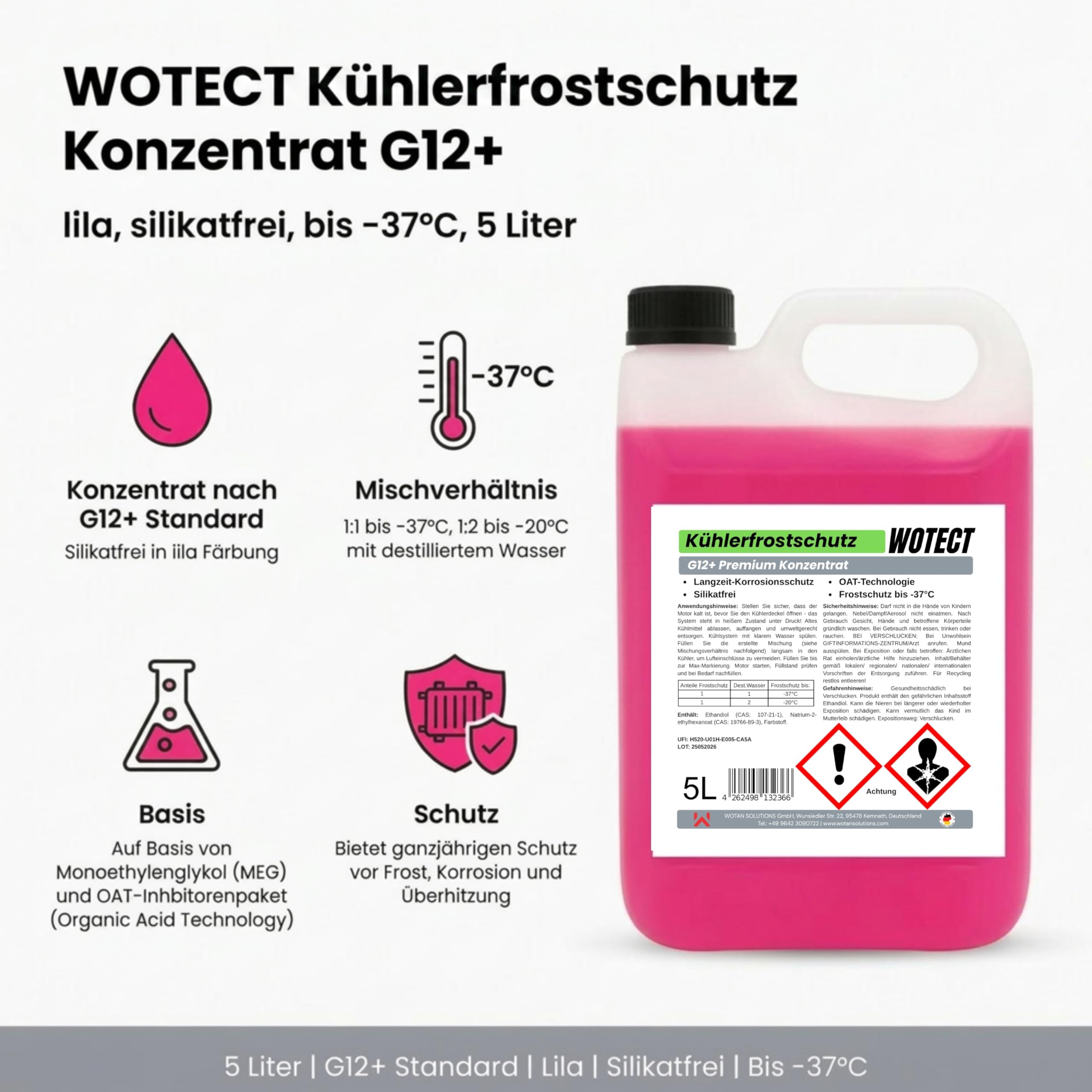 WOTECT 10L Kühlerfrostschutz G12+ Konzentrat – Silikatfrei, Lila – Frostschutz bis -37°C – Kühlmittel für PKW, LKW & Aluminiumkühler (2x5L)
