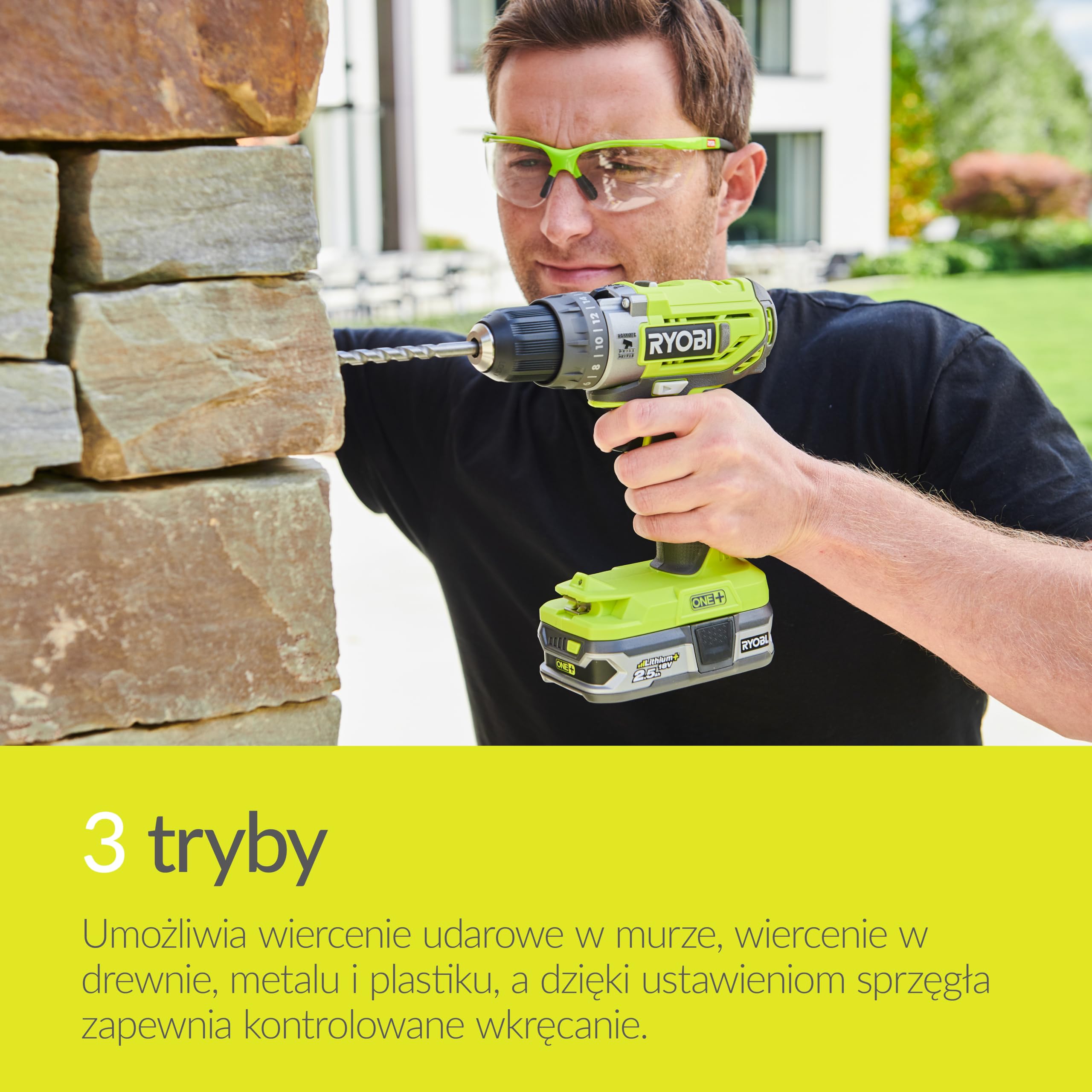 Ryobi Wiertarko-Wkrętarka Udarowa 18 V, R18PD2-242S, Moment Obrotowy 40 Nm, 2 Biegi 0-400/0-1350 obr/min., Max Liczba Udarów 21600/min, Bezkluczykowy Uchwyt Wiertarski 10 mm, Wbudowana Lampka LED