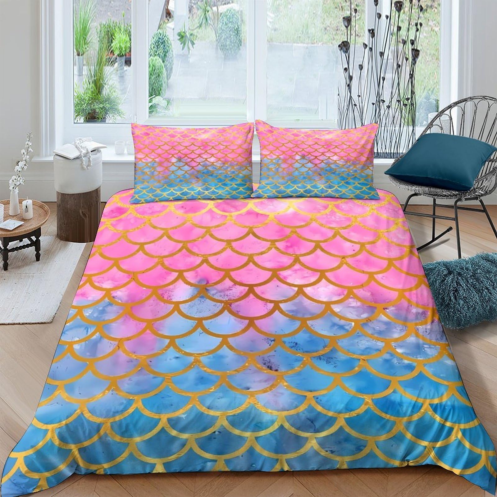 GPLZQXKJNH 3D Printed Mermaid Scale Duvet Cover Microfiber Soft Breathable Rainbow Gradient Bedding Set with 2 Pillowcases for Bedroom Decor Single（135x200cm）