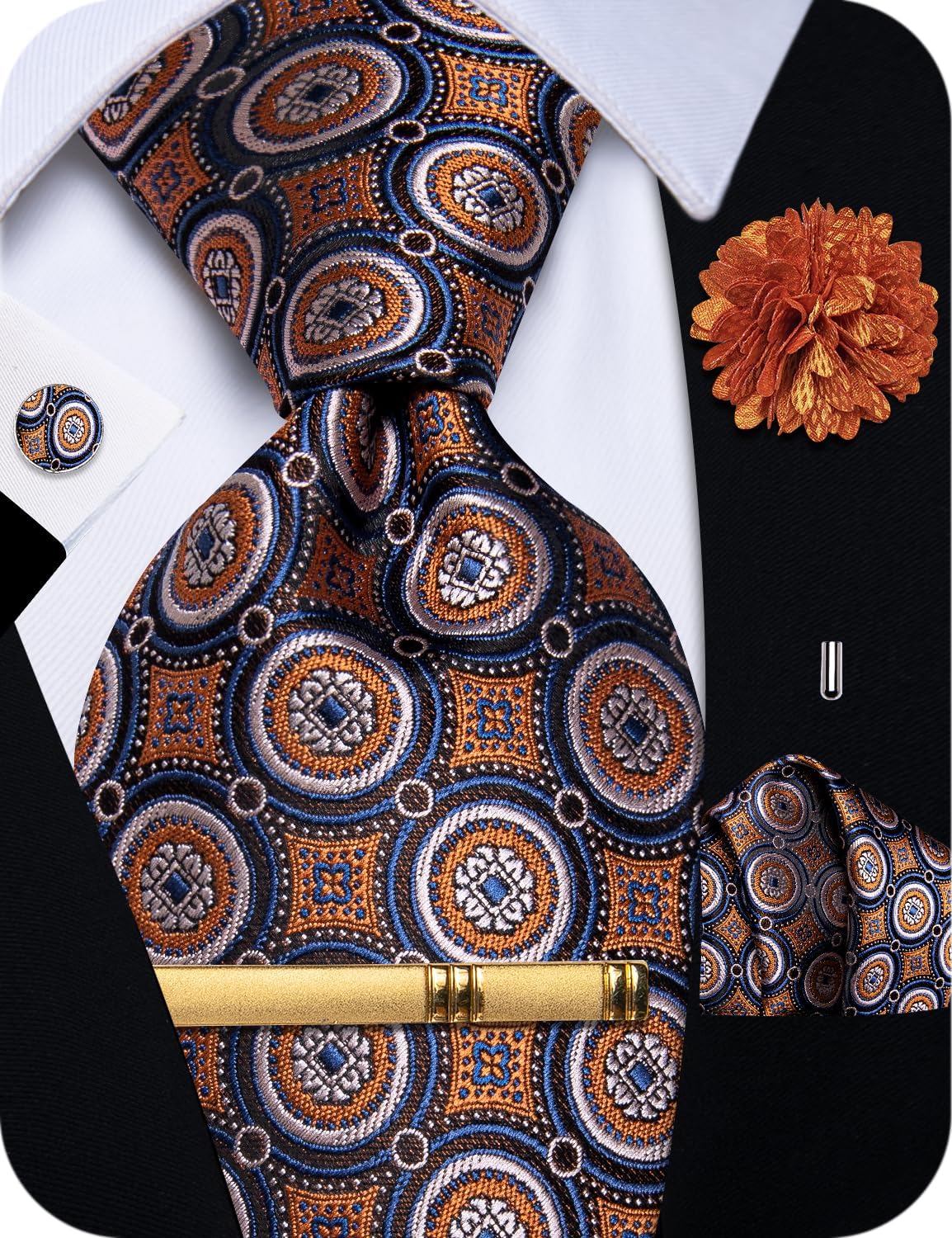YourTies Silk Paisley Floral Tie and Pocket Square Cufflinks with Lapel Pin Sets for Men 5PC Wedding Party