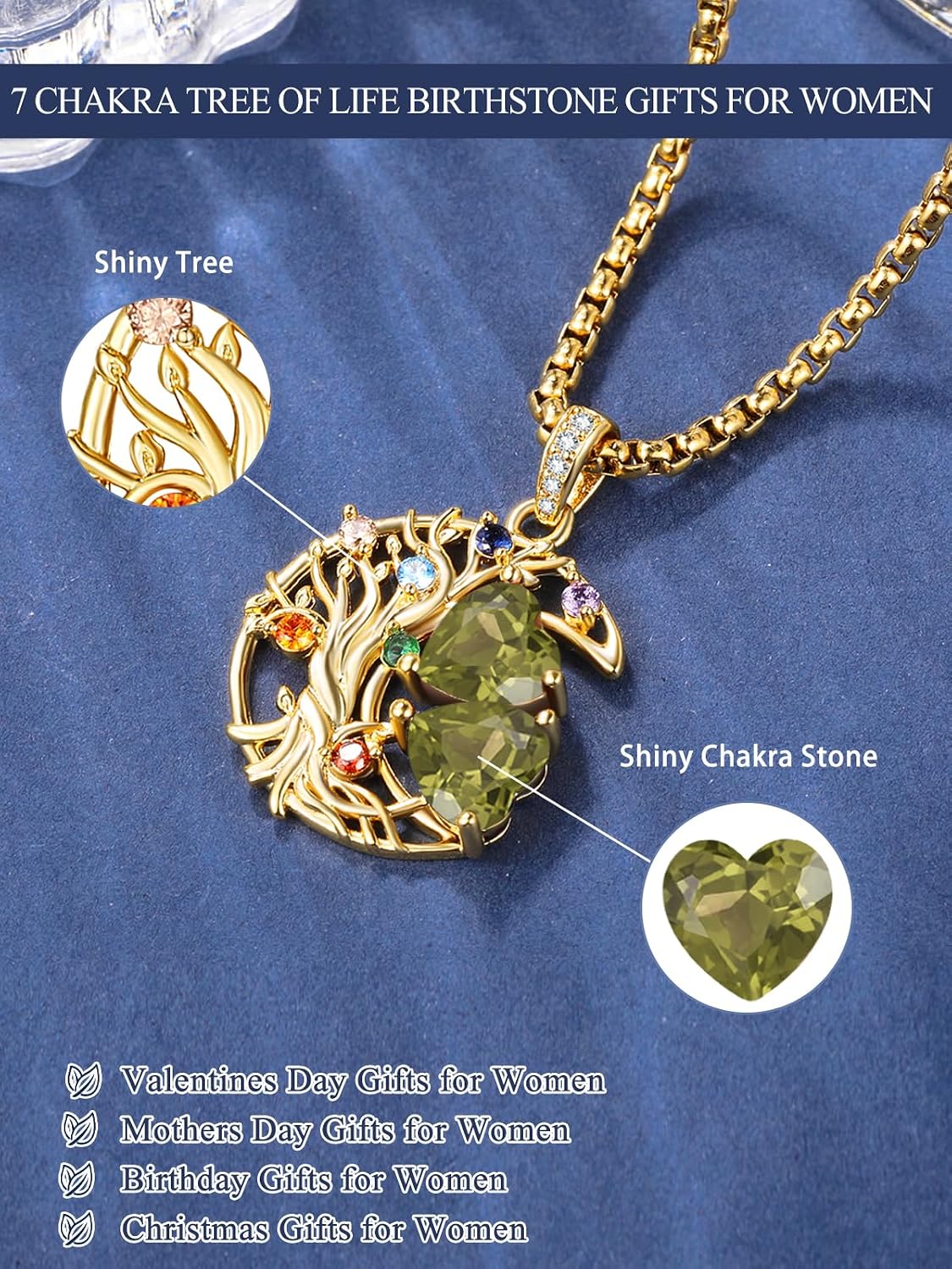 14K Gold 7 Chakra Necklaces for Women,Tree of Life Jewelry with 2 Birthstones Pendant,Birthday Christmas Spiritual Yoga Gifts for Mom Wife Sister Her