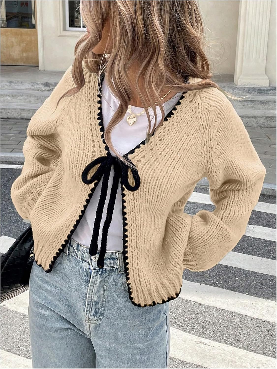 SHENHE Women's Tie Front Cardigan Sweater Chunky Knit Loose Fit V Neck Fall Cardigan Outerwear - Image 3