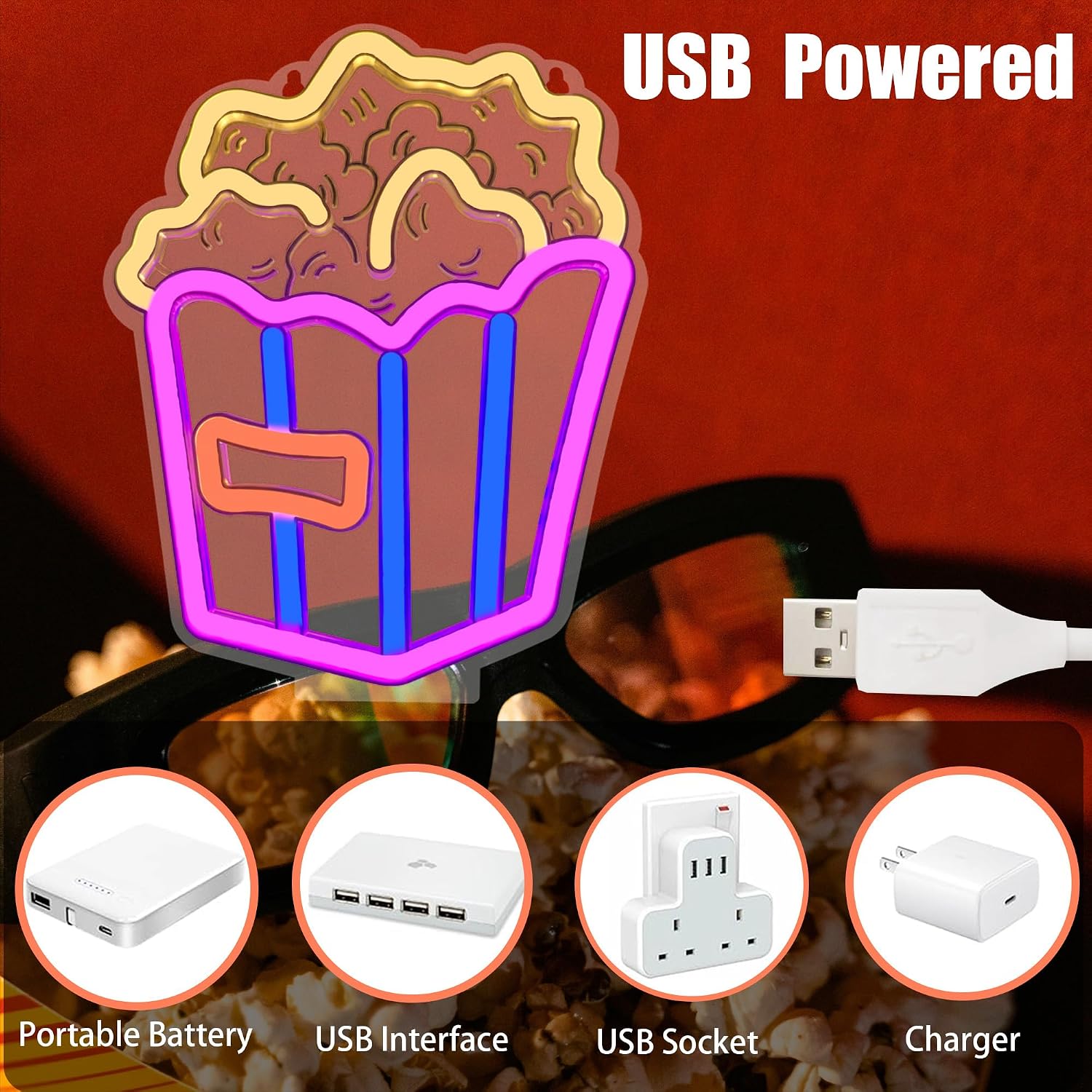 Popcorn Neon Sign for Wall Decor,Adjustable Brightness Led Lights Sign,USB Powered Food Neon Light for Home Cinema Snack Shop Gifts for Movie Lovers (Colorful)