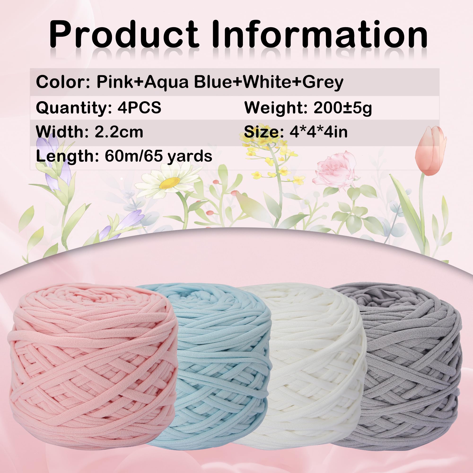 4 PCS 800g T-Shirt Yarn Elastic Fabric Crochet Cloth for DIY Knitting, Spaghetti Thick Yarn for Hand DIY Bag Basket Cushion Crocheting Projects, Home Decor (White+Pink+Blue+Grey)