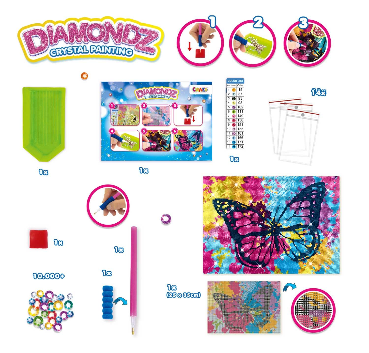 CRAZE DIAMONDZ Butterfly - zestaw do malowania diamentowego dla dzieci, motyl z ramą, zestaw do samodzielnego malowania, mozaika dla dzieci, 36 x 27 cm