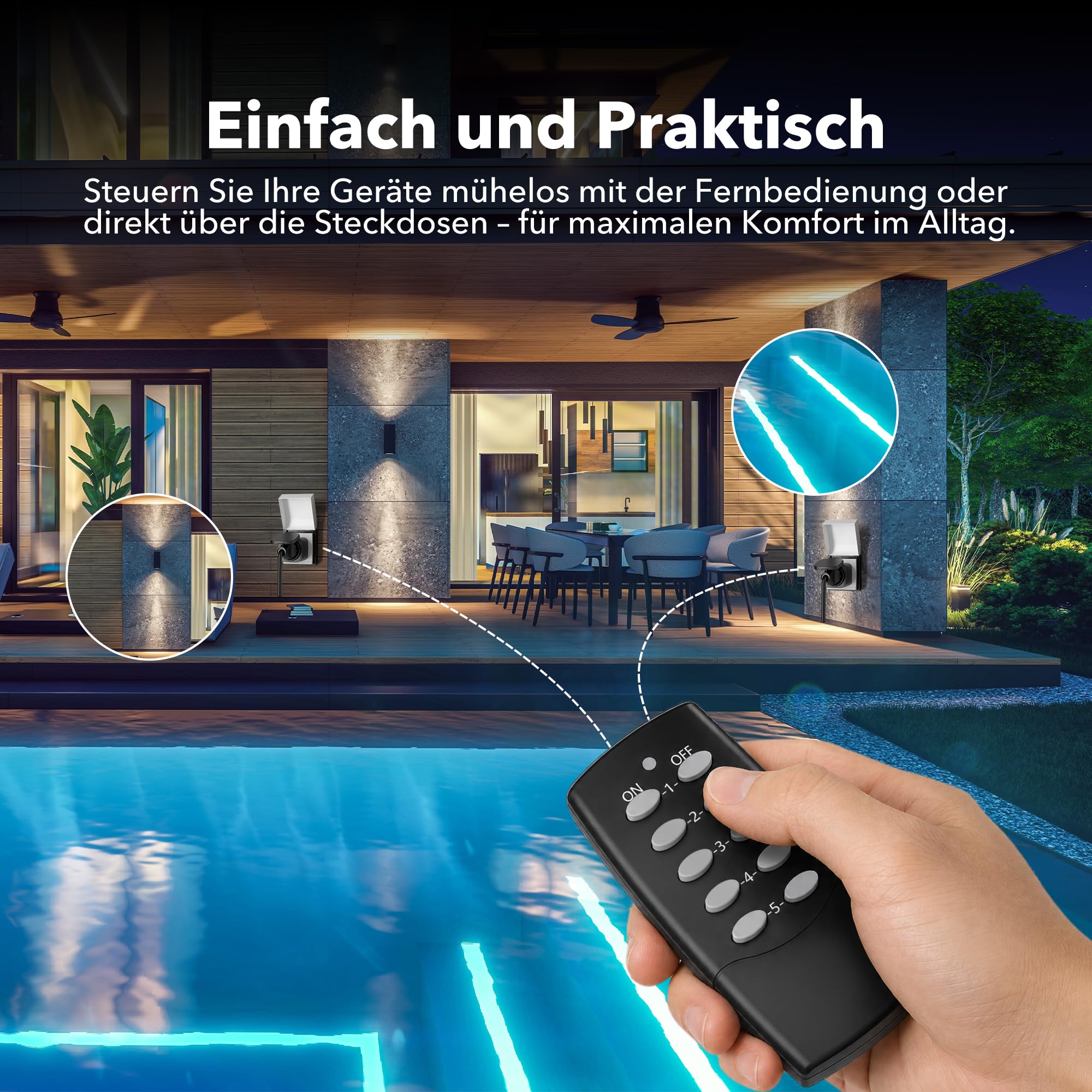 HBN Prises radio avec télécommande - Étanche IP44 - 5 prises + 2 télécommandes - 3600 W - Portée de 30 m - Pour jardin, terrasse, balcon et éclairage extérieur