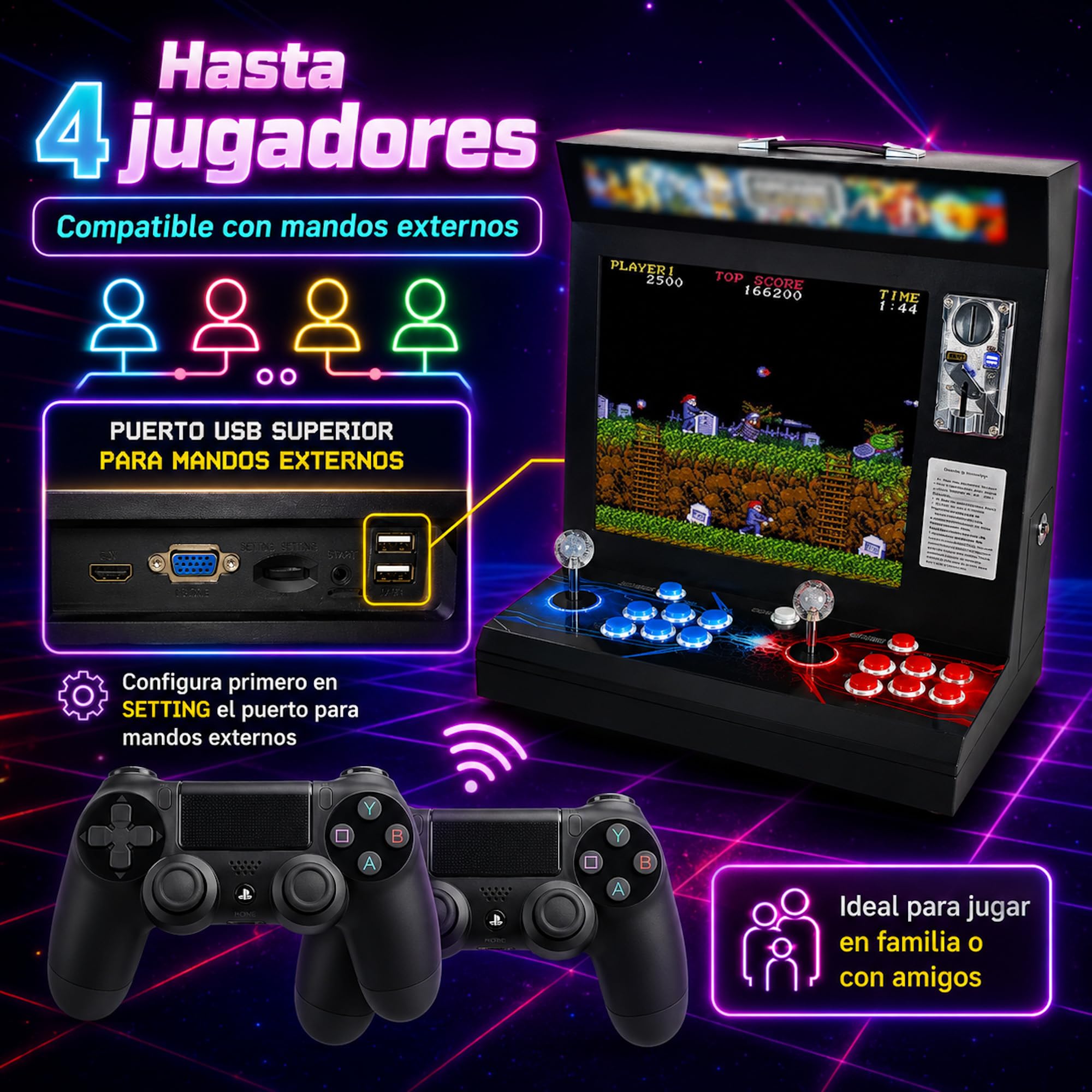 Máquina Arcade Tipo Bar Top 17” 4:3 | 9.800 Títulos Retro y 3D | 2 Jugadores con 6 Botones y Joysticks Arcade | Altavoces y Monedero Integrados | Compatible con hasta 4 Jugadores