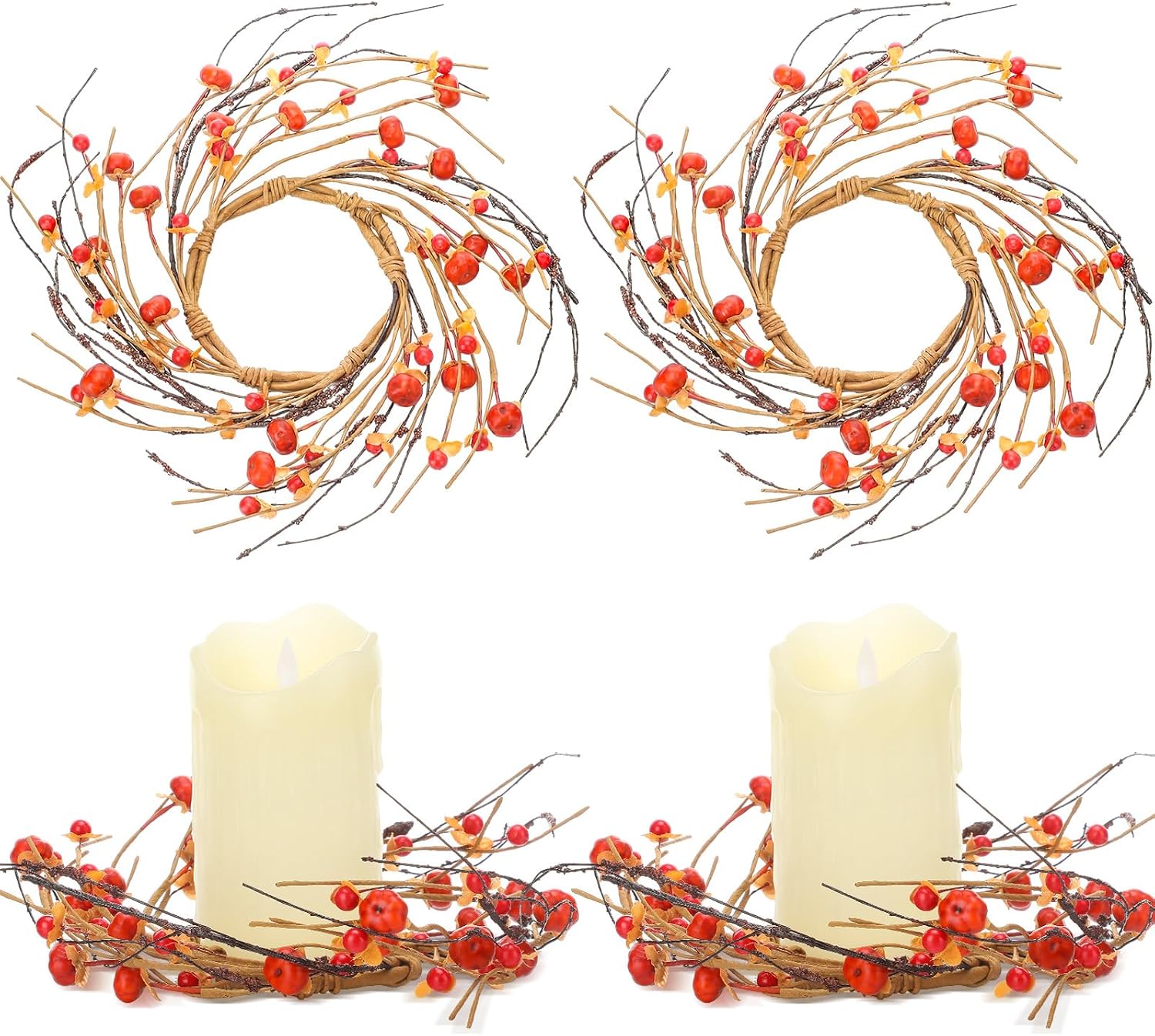 Daifunli 2 Pcs Fall Candle Rings Wreath for Pillar 3.5 Inch Bittersweet Pod