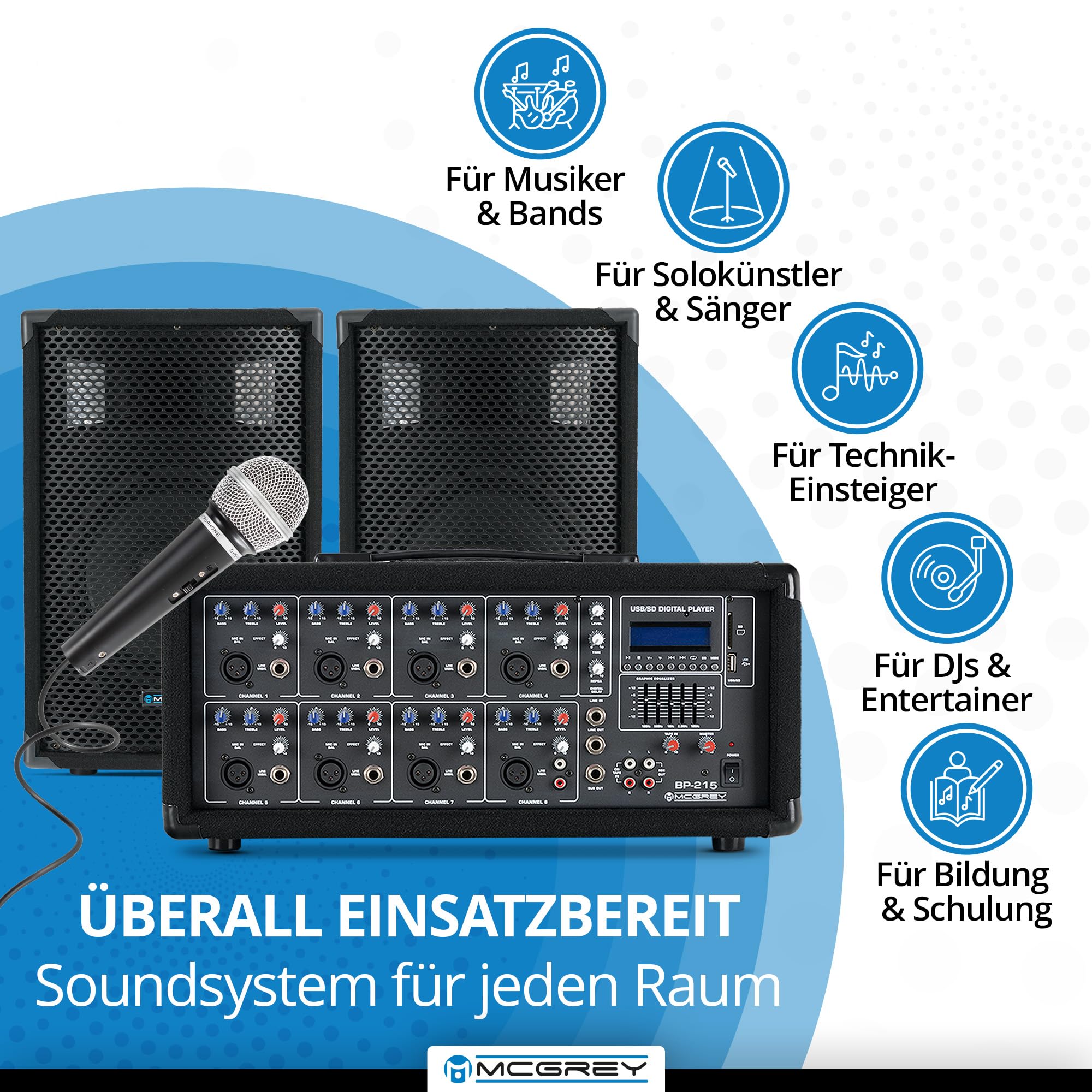 McGrey BP-215 Bandpack PA-Anlage - 8-Kanal Powermixer - digitaler Hall - Bluetooth - USB/SD-Slot - 2-Wege-Lautsprecher mit 15" Woofer und Horn - Inklusive Mikrofon, Stative und Kabel - 150 Watt