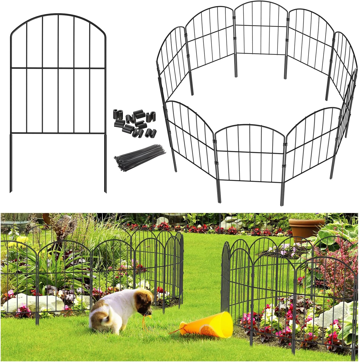 Goovilla Garden Fence, Total 20ft(L) x 24in(H) Garden Fencing Animal Barrier, 19 Pcs Rustproof Metal Fence Panels, Black No Dig Fence, Decorative Garden Fences and Borders for Dogs, Flower Bed, Patio