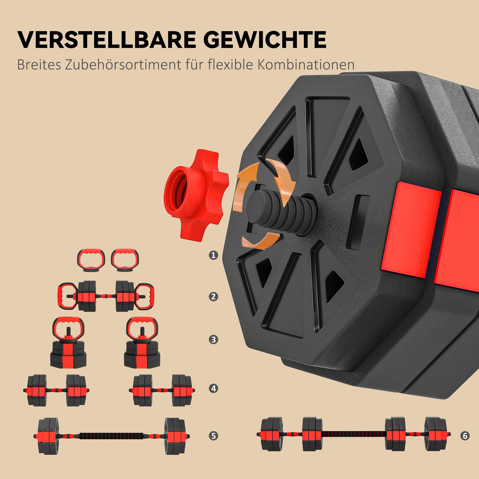 SPORTNOW 6-in-1 Hantelset Kurzhantel Set Kurzhanteln Langhanteln verstellbar 15/20/25/30 KG Hanteln Set Dumbbell mit Verbindungsrohr Sternverschlüsse Kurzhantelset für Krafttraining Zuhause