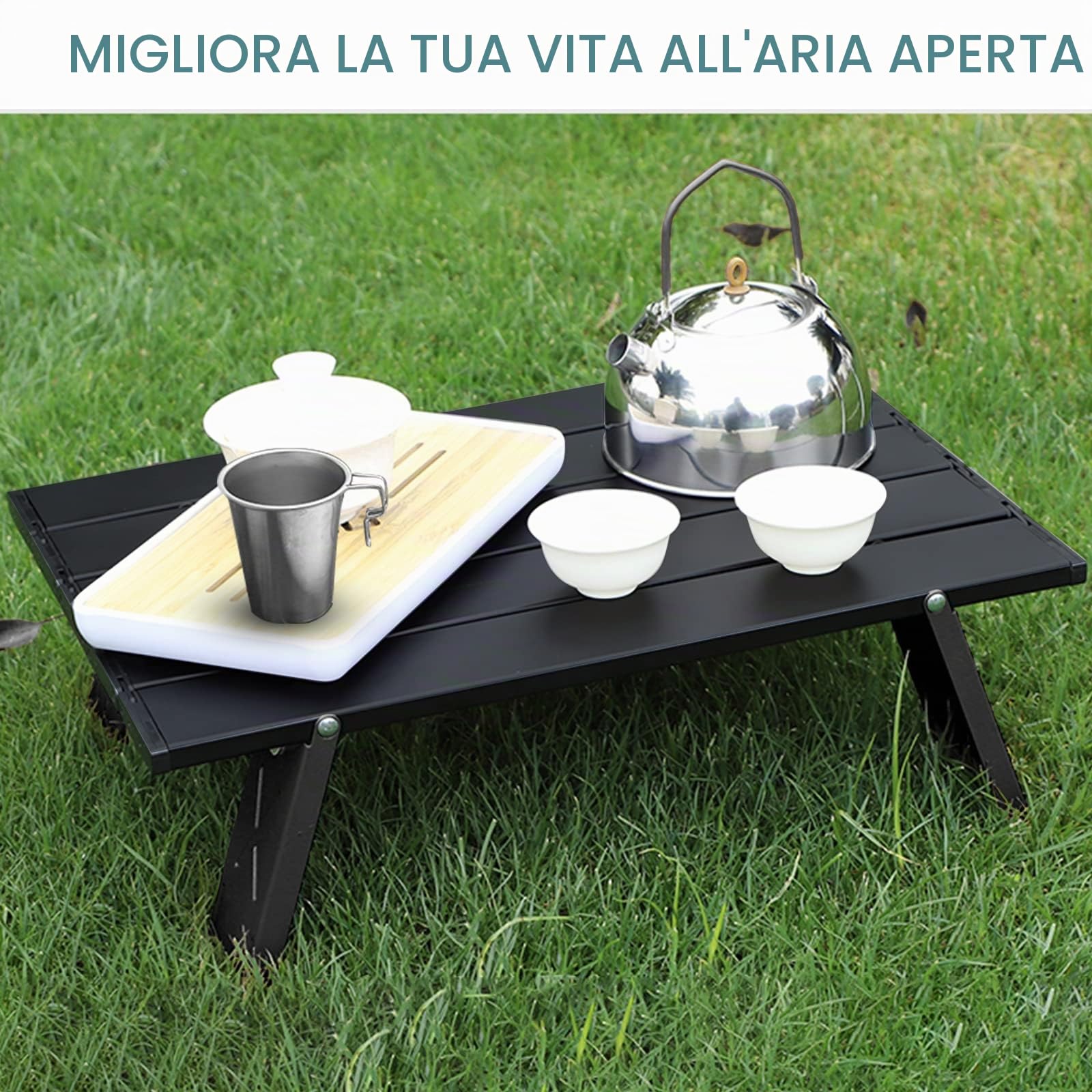 Tavolo da Campeggio Mini Pieghevole, Tavolo da Spiaggia Portatile Leggero in Alluminio Tavolino Arrotolabile, Tavolo da Picnic Compatto per Esterna Barbecue Spiaggia Viaggi Escursioni (Nero)