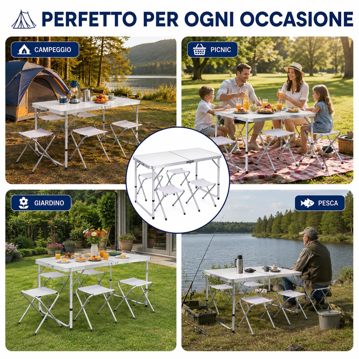 Generico Tavolo Pieghevole da Campeggio con 4 Sgabelli Inclusi, Tavolo Picnic Portatile Richiudibile con Altezza Regolabile 55/62/70 cm, Tavolo da Giardino Campeggio Pesca BBQ Escursioni 120x60 cm