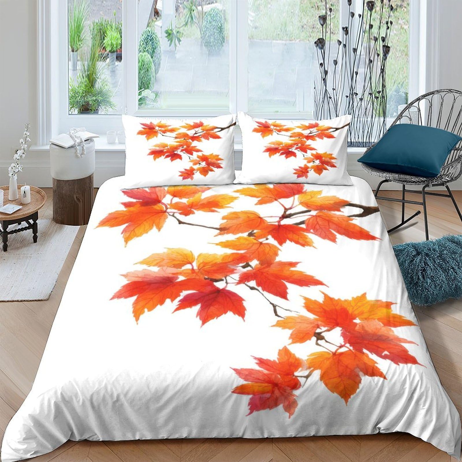 GPLZQXKJNH 3D Printed Autumn Maple Leaves Duvet Cover Microfiber Soft Breathable Fall Foliage Bedding Set with 2 Pillowcases for Bedroom Home Decor Single（135x200cm）