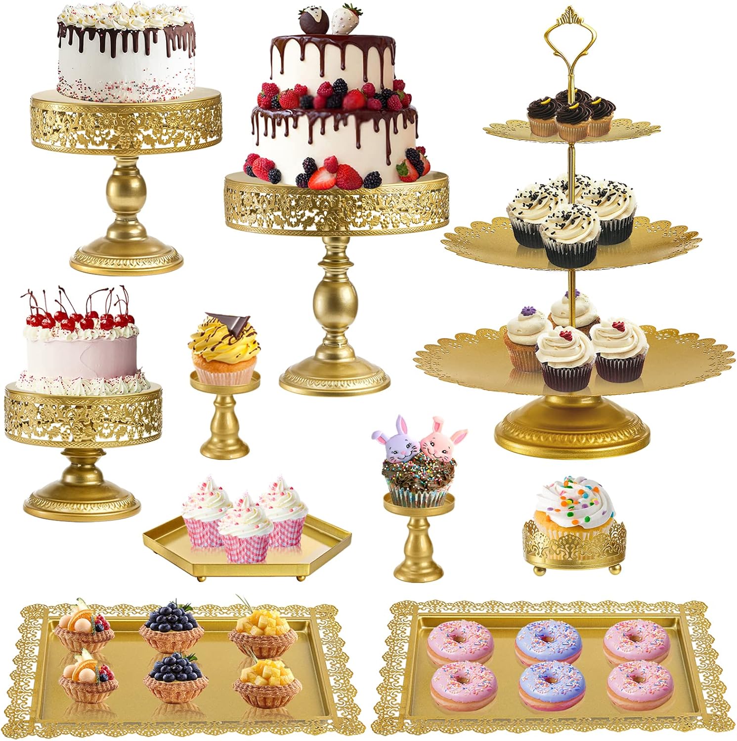 Jucoan 10 Pieces Gold Metal Cake Stand Set, Cupcake Holder Pastry Candy Fruits Serving Plate, Gold Dessert Table Stands and Trays Set for Wedding Birthday Baby Shower Bridal Shower Tea Party