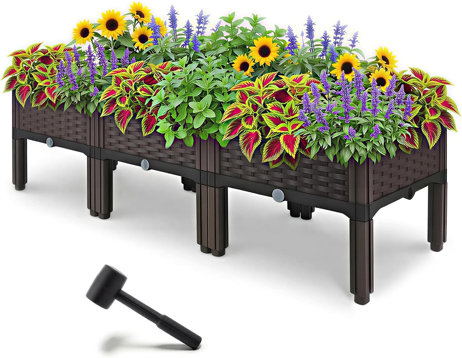 Raised Garden Bed with Legs & Drain Outlet, Self-Watering System Outdoor Elevated Wicker Planter Box Rectangular Patio Plant Containers for Vegetables, Flowers (3-Box)