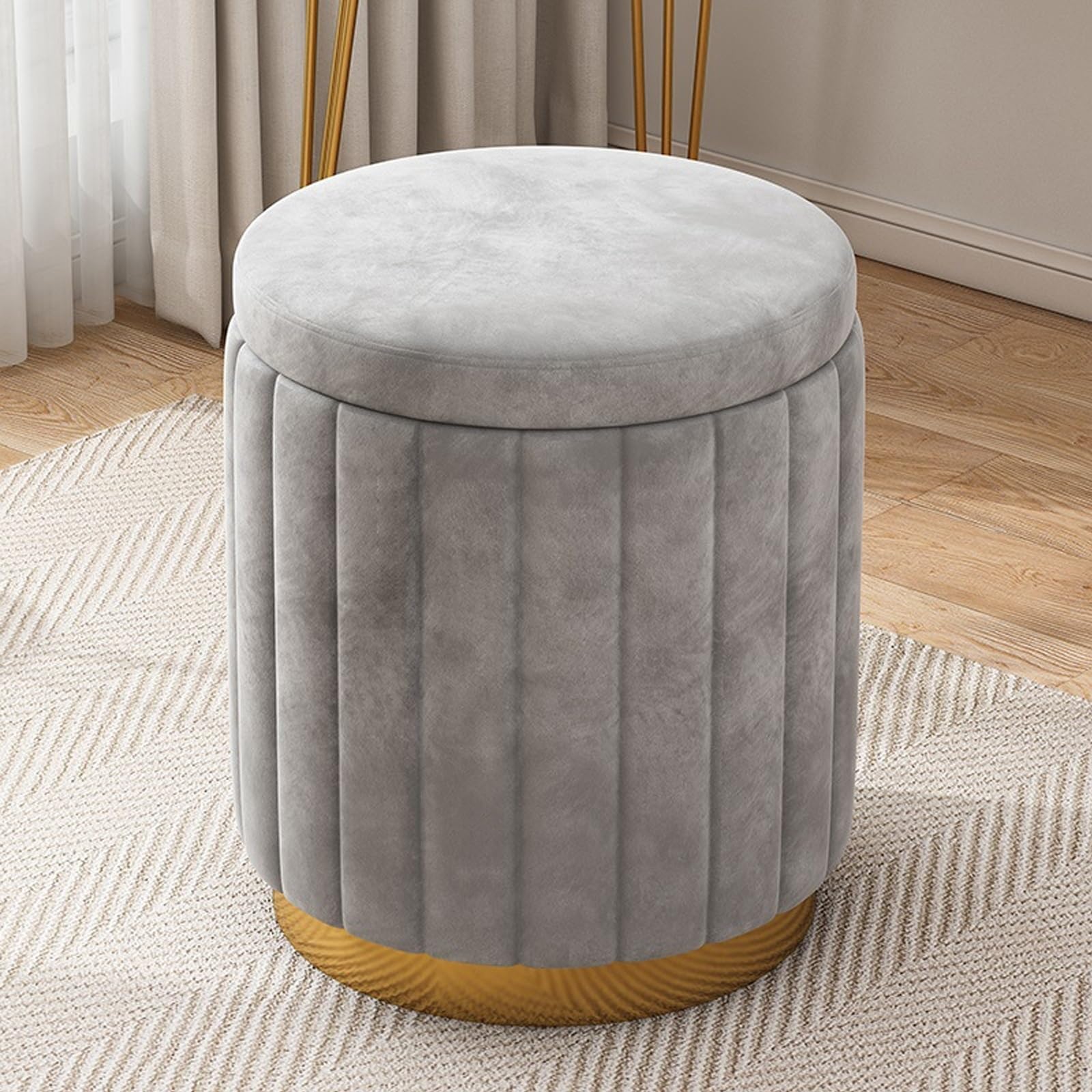 Repose-pieds en velours gris avec structure en bois massif stable et durable
