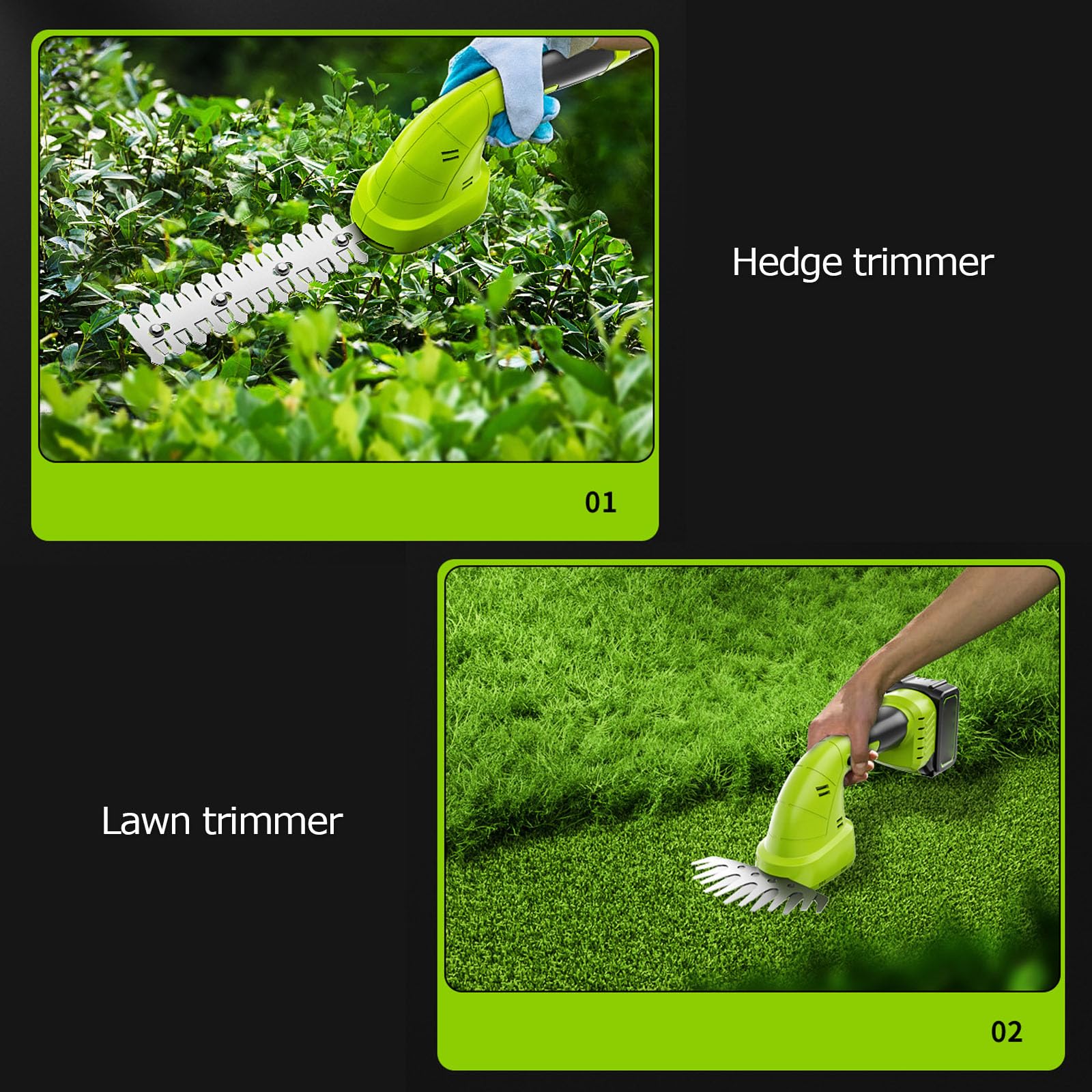 Cortasetos y Tijera de Césped Inalámbrica 2 en 1, Cortasetos de Mano de 1580W con 2 Modos de Poda, Protección Inteligente de 9 Capas para Jardinería, Corte y Recorte 2 Batteries