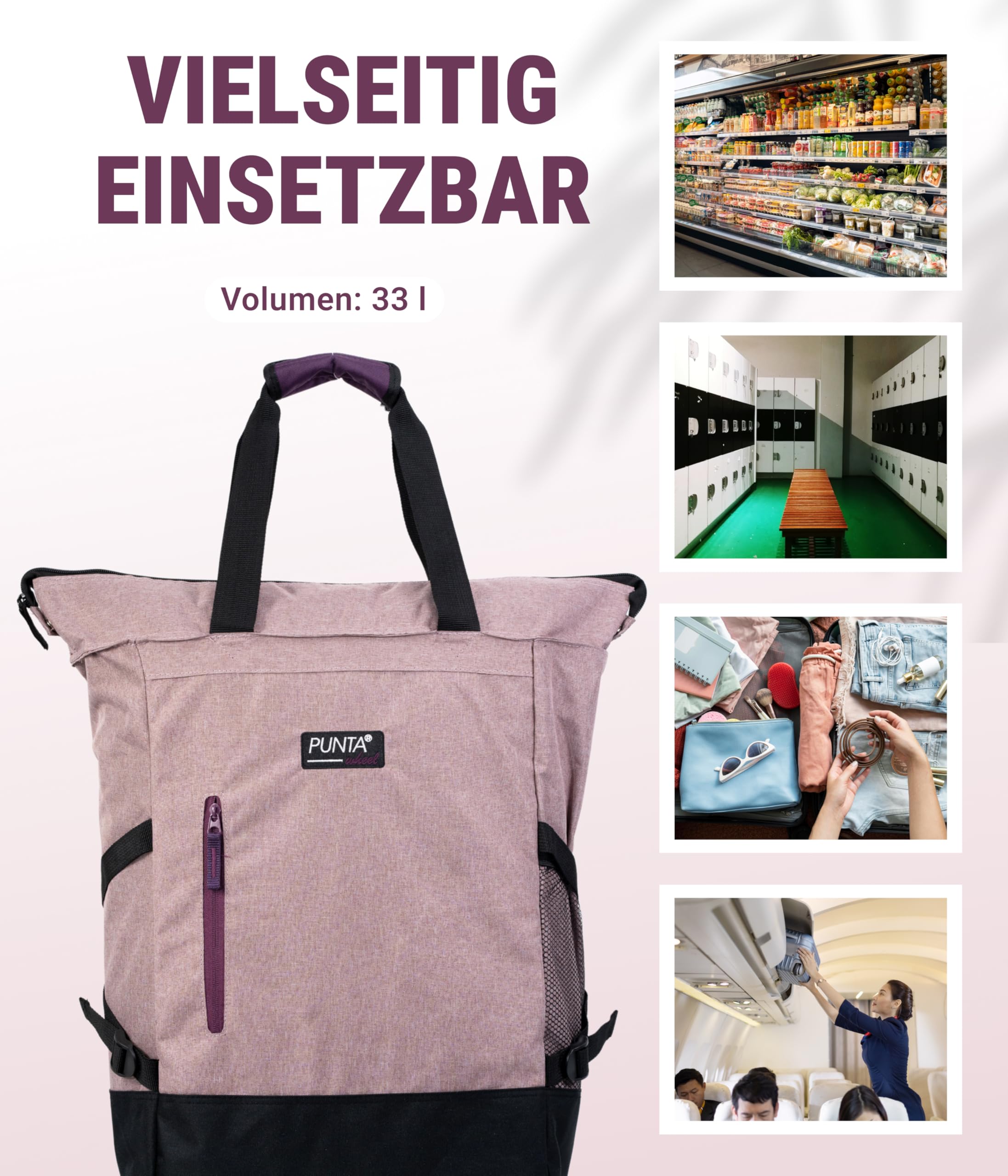 Punta® Einkaufstrolley 33L Altrosa/Azalee | Einkaufstrolley modern mit Skater-Rollen – leise & leichtgängig | modernes Design | ideal für Einkäufe, Reisen & Sport | Wheel Shopping Roller für unterwegs