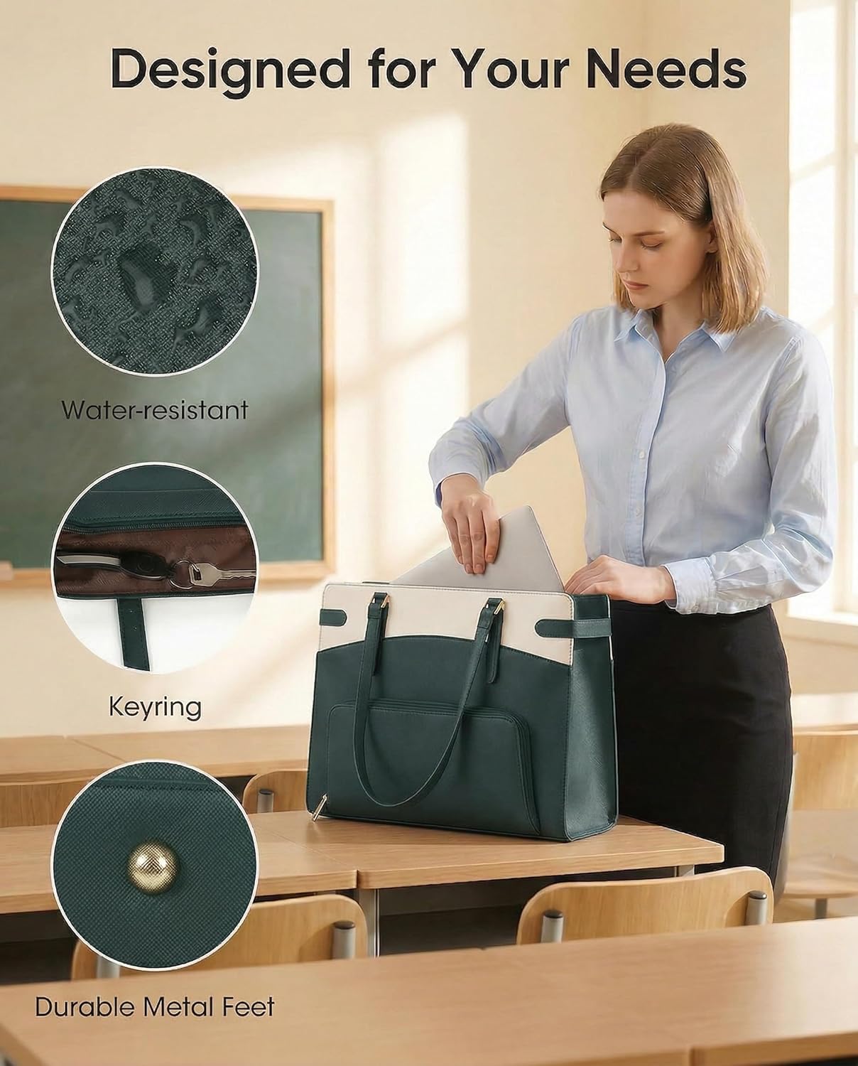 RAINSMORE 2-in-1 Laptop Bag with Insulated Lunch Compartment for Women, 15.6 Inch Professional Work Tote, 9-Hour Thermal Food Storage, Leakproof Nurse & Teacher Bag, Green PU Leather