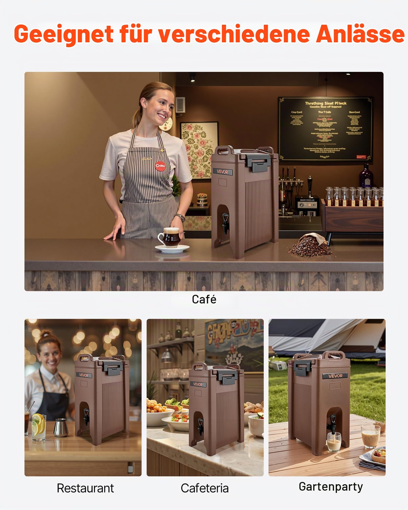 VEVOR isolierter Getränkespender 19 L Heiß- und Kaltgetränkespender mit Zapfhahn & Griff, lebensmittelechter Thermo-Getränkespender-Kühler für Tee Kaffee Wasser in Cafés und Restaurants, Braun