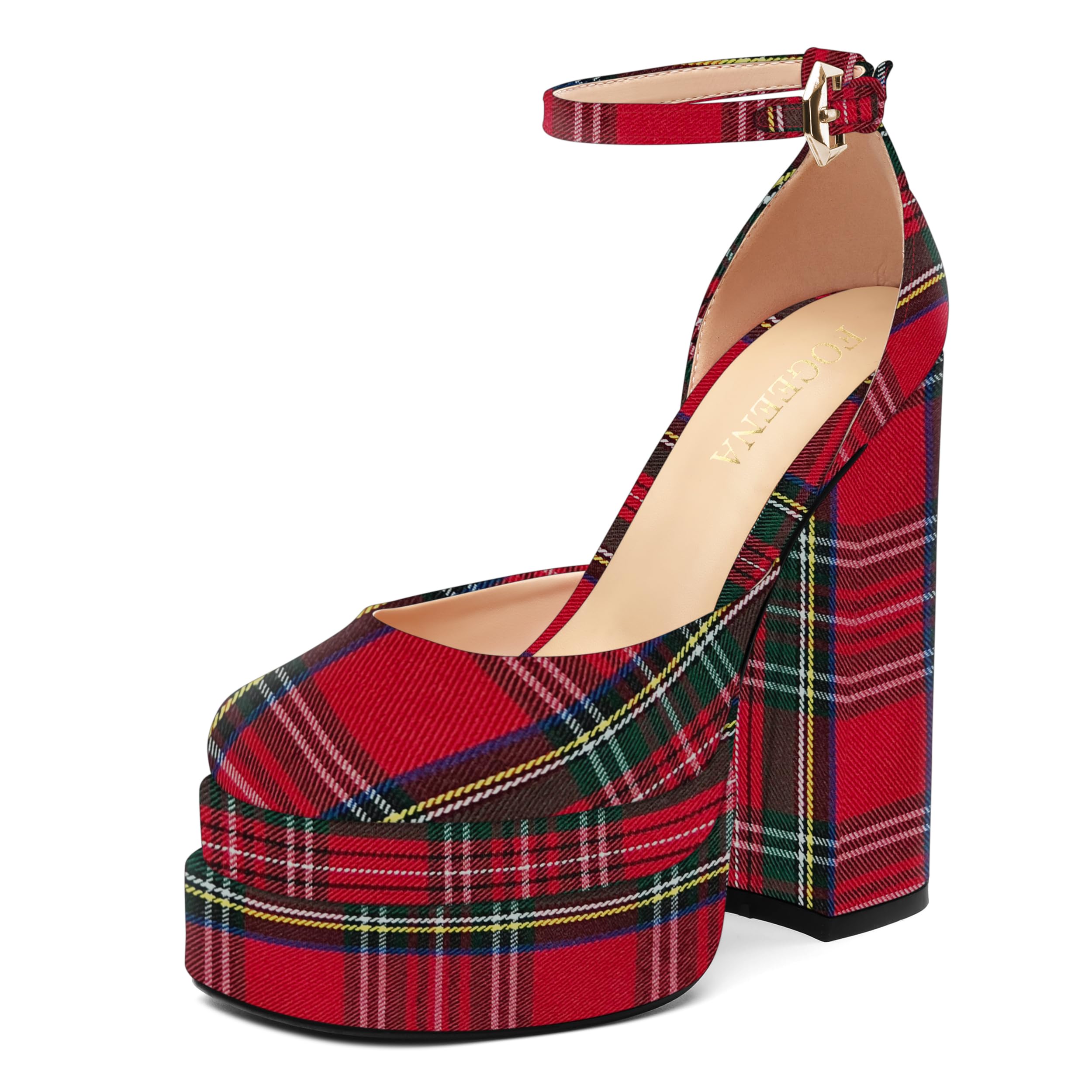 FOGEENA Platform Chunky Heels for Women Block High Heels Patent Closed Round Toe Ankle Strap 5.9 Inch Pumps Fashion Dating Prom Party Dress Shoes