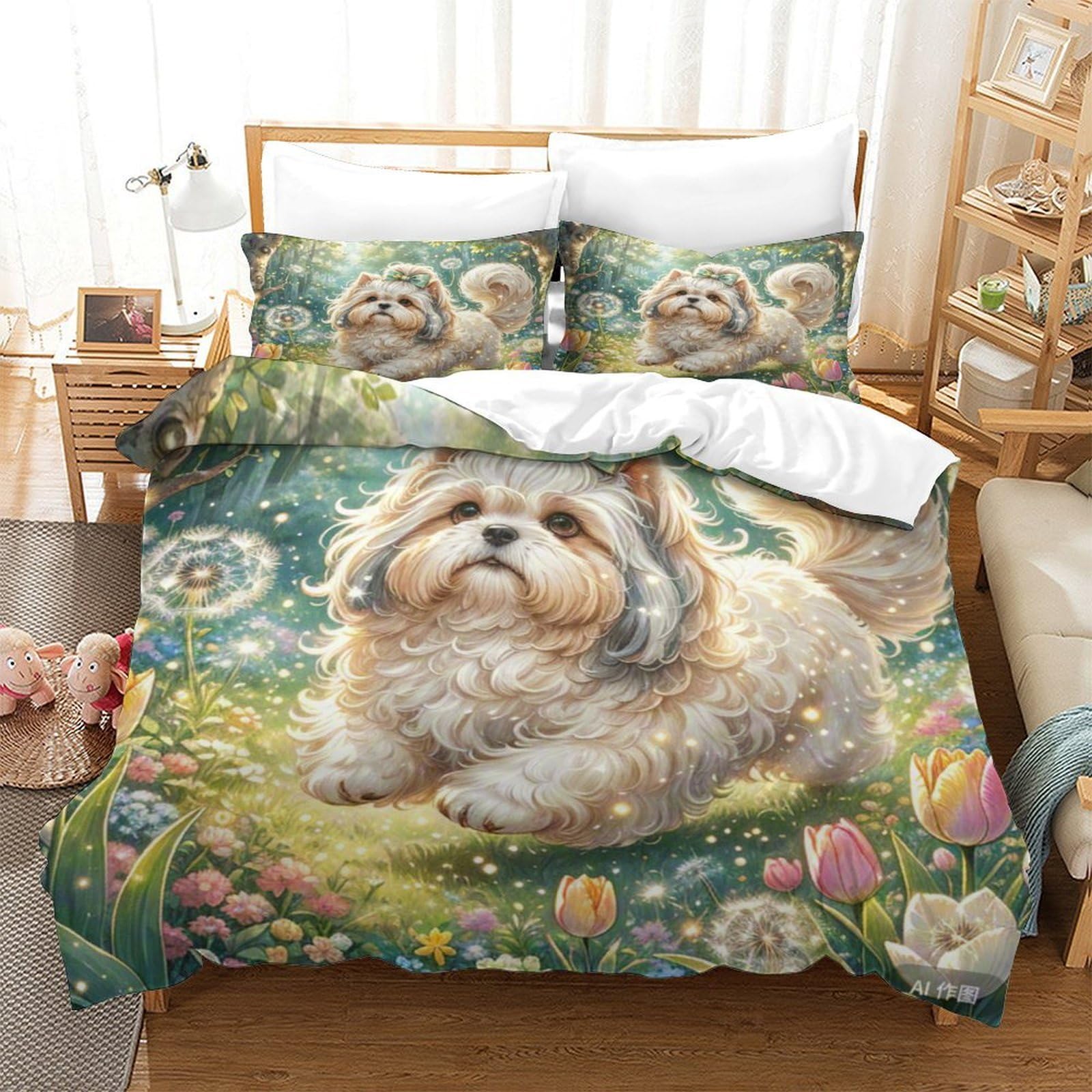 Parure de lit Shih Tzu 3D pour chambre d'enfant et ado, grand linge de lit microfibre 260x220