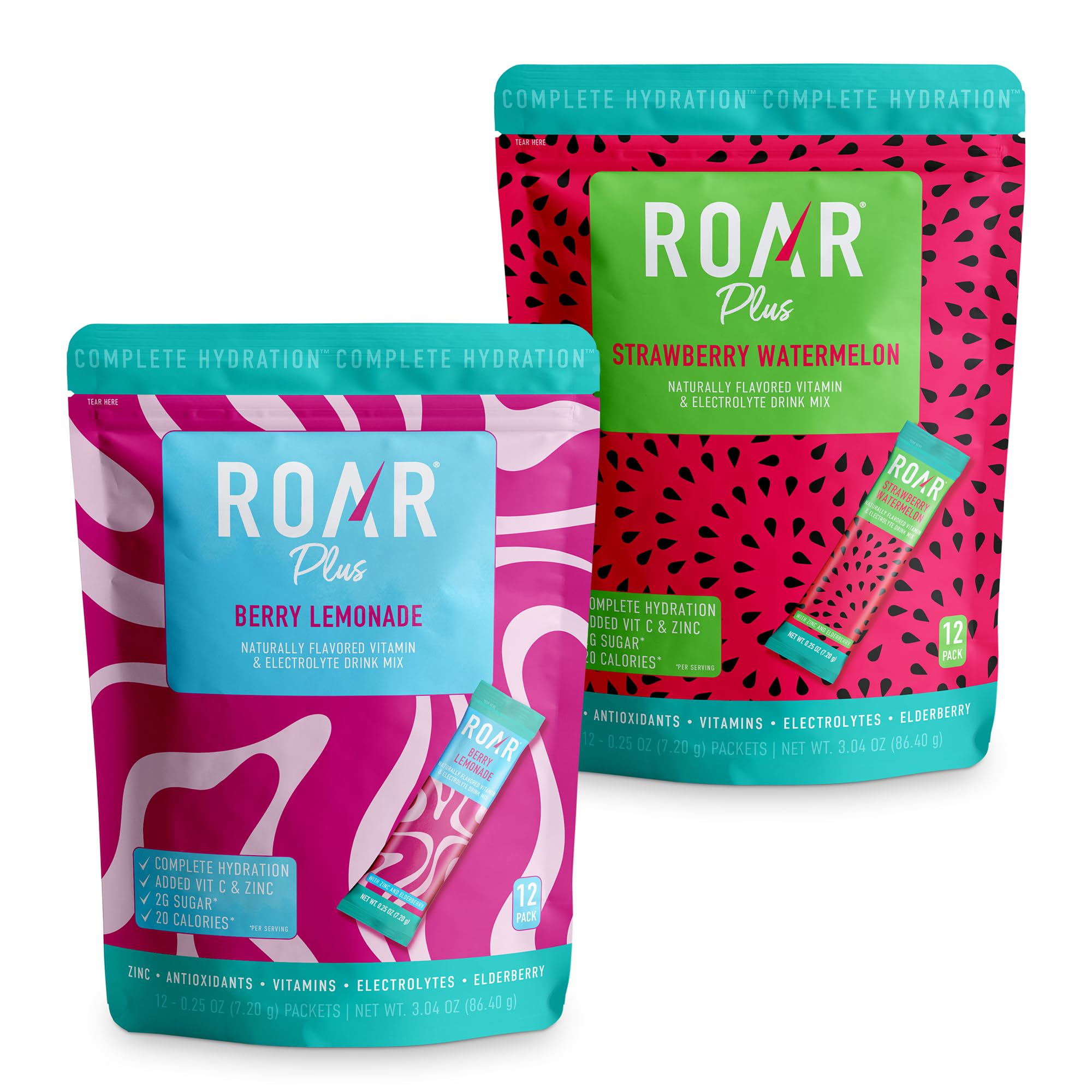 ROAR Complete Hydration Powder Plus - Hydration Packets with Zinc and Elderberry - Gluten Free - Berry Lemonade and Strawberry Watermelon - 12 pc