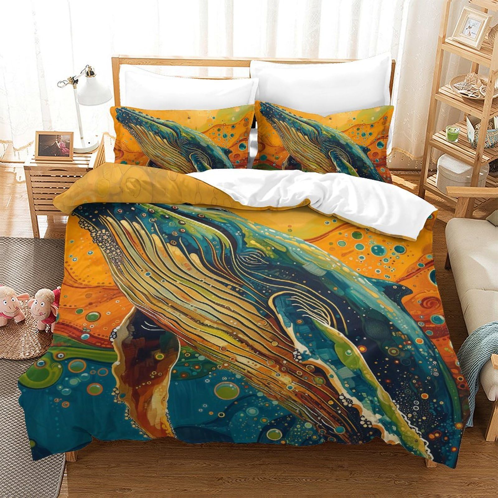Housse de couette baleine 3D lit double 200x200 anti-plis en microfibre douce
