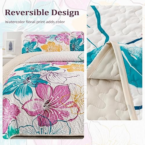 Miniatura 4 de DJY Juego de edredón romántico de color rosa y verde azulado, tamaño individual, juego de edredón floral colorido de 2 piezas, juego de ropa de cama