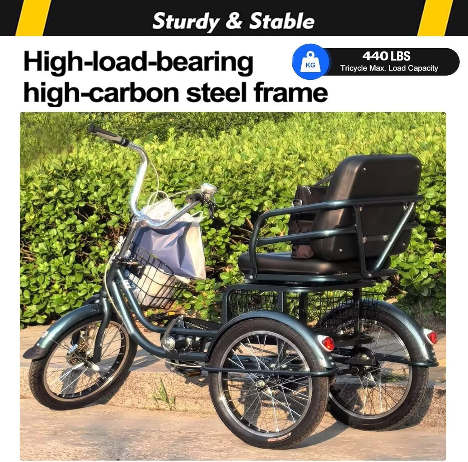 Elderly Tricycle for Exercising and Traveling,Large Sponge seat with backrest,Cruiser Trike for Senior and Adult,Front and Rear Brakes,3 Wheels Bicycles with Spoke hub Wheels