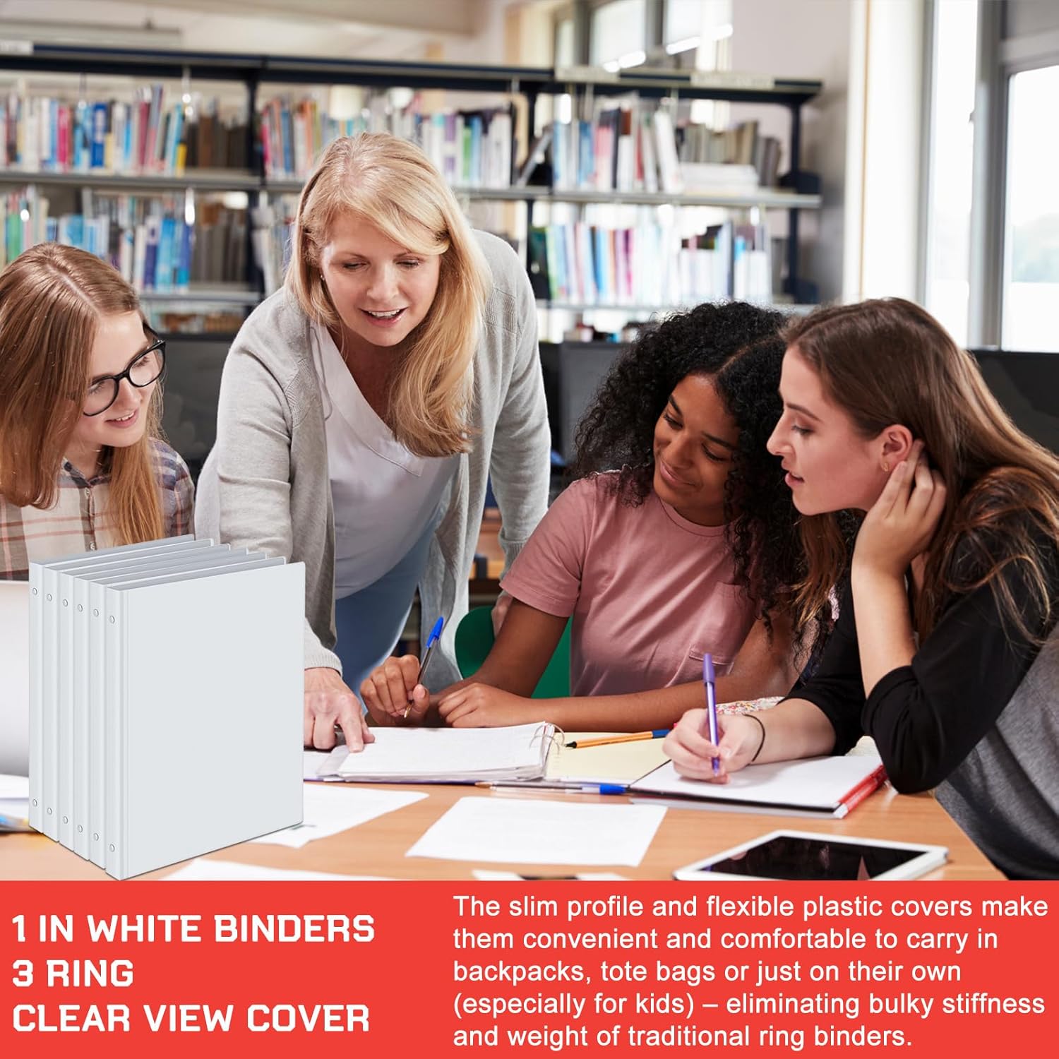 Fulmoon 50 Pcs 3 Ring Binders Bulk with 2 Interior Pockets Round Soft Flexible Ring Binders Holds 175 Sheets with Clear Cover for Office School(White,1 Inch)