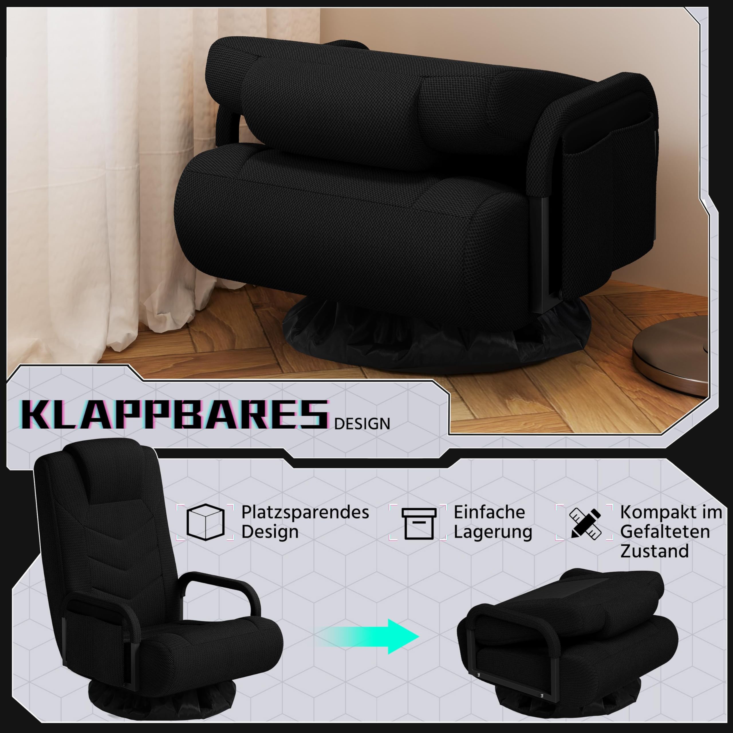 Yaheetech Krzesło podłogowe, obracane o 360°, fotel podłogowy, 6-stopniowa regulacja, krzesło gamingowe z podłokietnikami i praktyczną torbą, sofa podłogowa do salonu/sypialni / biura, kolor czarny