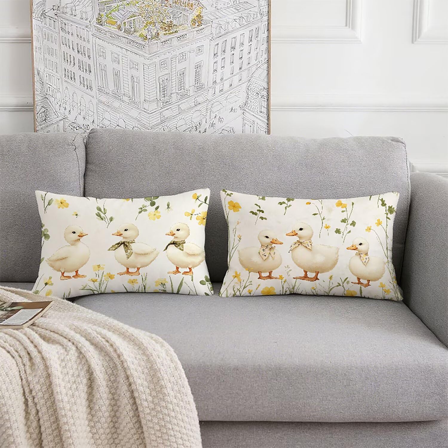 Ente Kissenbezug 70 x 90 Leinen 2er Set, Wasserdichter Kissenbezug Creme Kissenbezüge 70x90 Outdoor Wasserdichter, Mode Flauschig Weich und Bügelfrei Pillow Cover, Deko für Wohnzimmer Sofa Bett K2-186