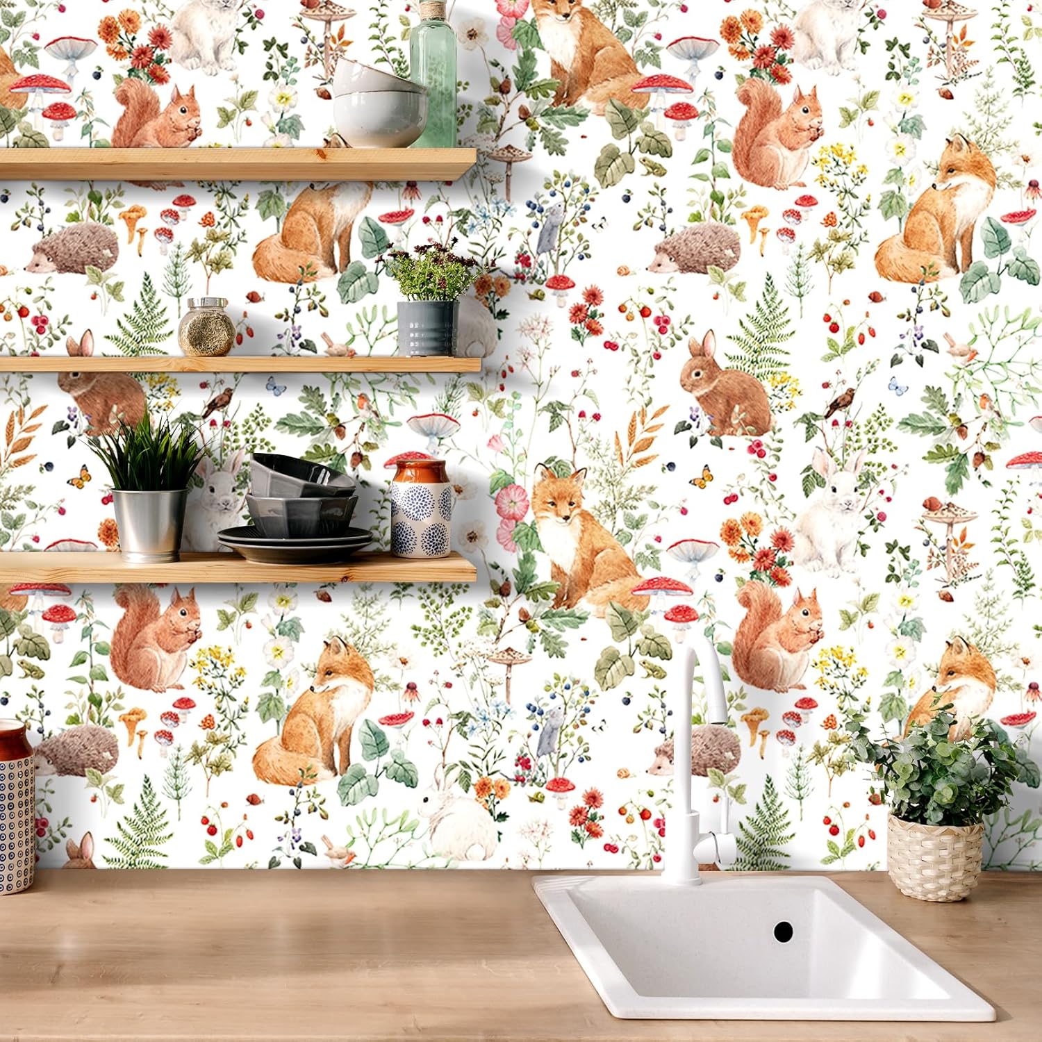 ReWallpaper Woodland Animal Wallpaper Peel and Stick Whimsical Forest Wallpaper with Animals Removable Floral Contact Paper Waterproof Fox Squirrel Bunny Wall Paper for Nursery Kids Room 17.5inX23ft