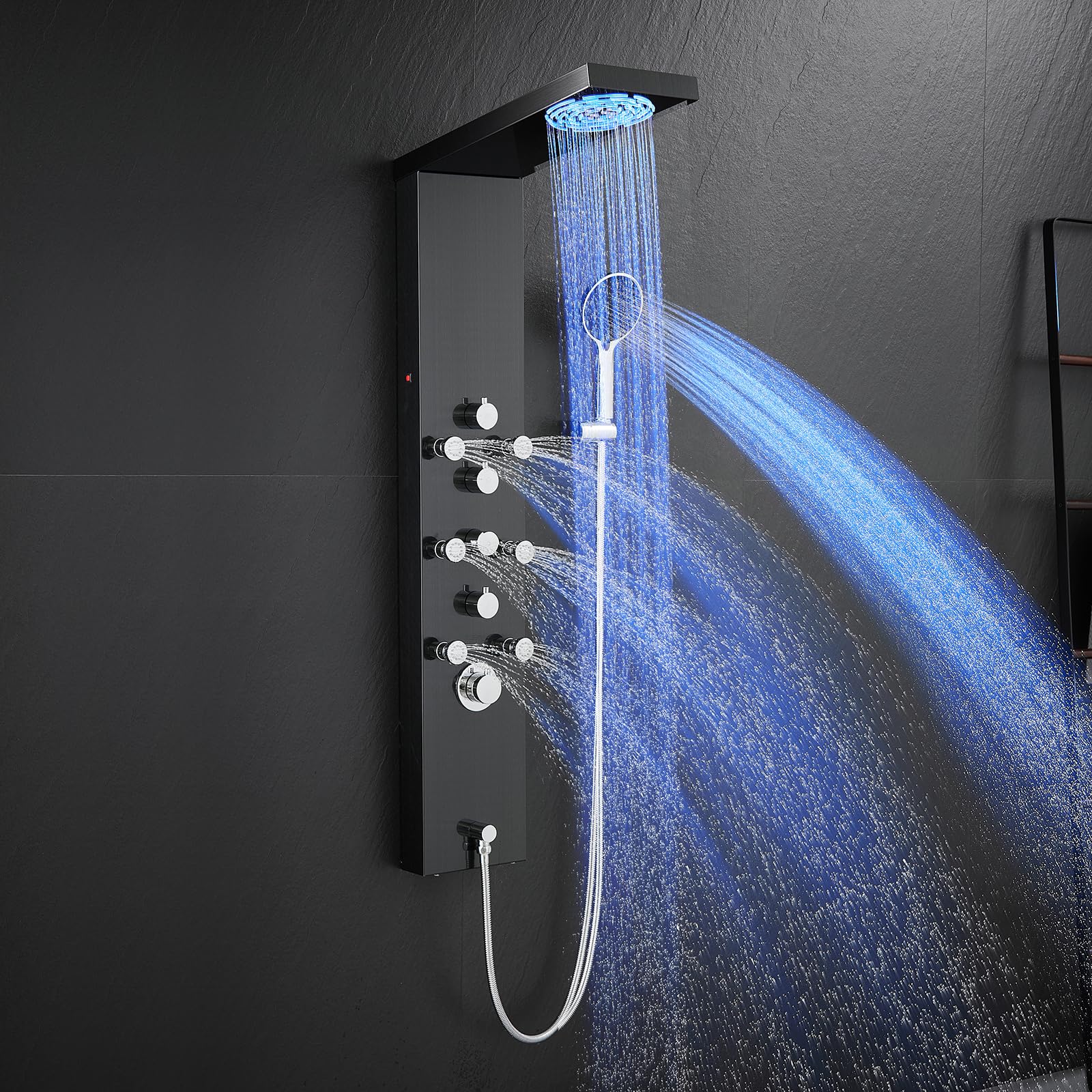 MENATT 4-in-1 LED Lights Stainless Steel Shower Panel with LED Rainfall Shower Head, Shower Panel Tower System with Body Massage Jets, Handheld Shower and Tub Spout, Black