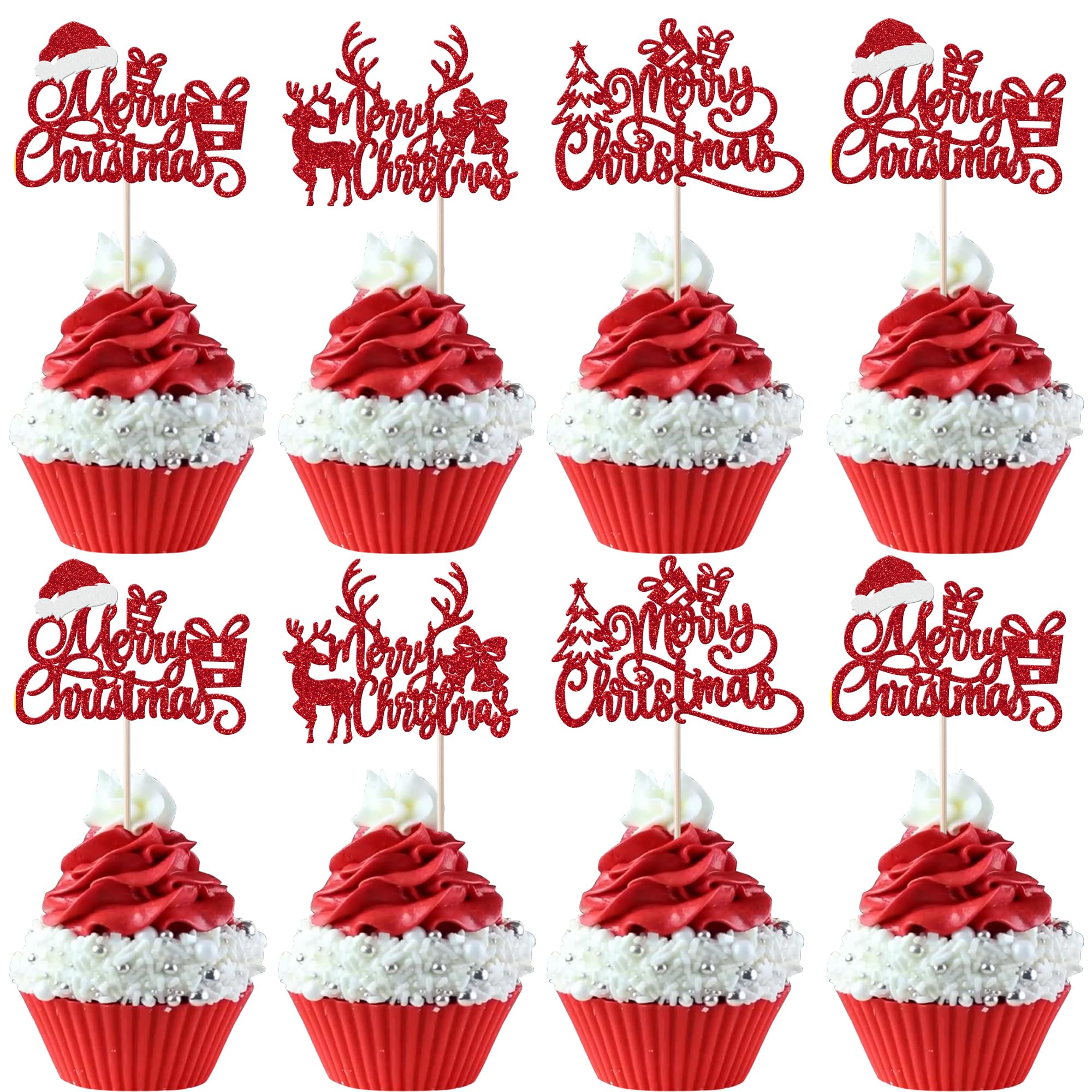 Rsstarxi 24 Pack Merry Christmas Cupcake Toppers Glitter Deer Xmas Tree Santa Hat Cupcake Picks for Merry Christmas Theme New Year Holiday Party Cake
